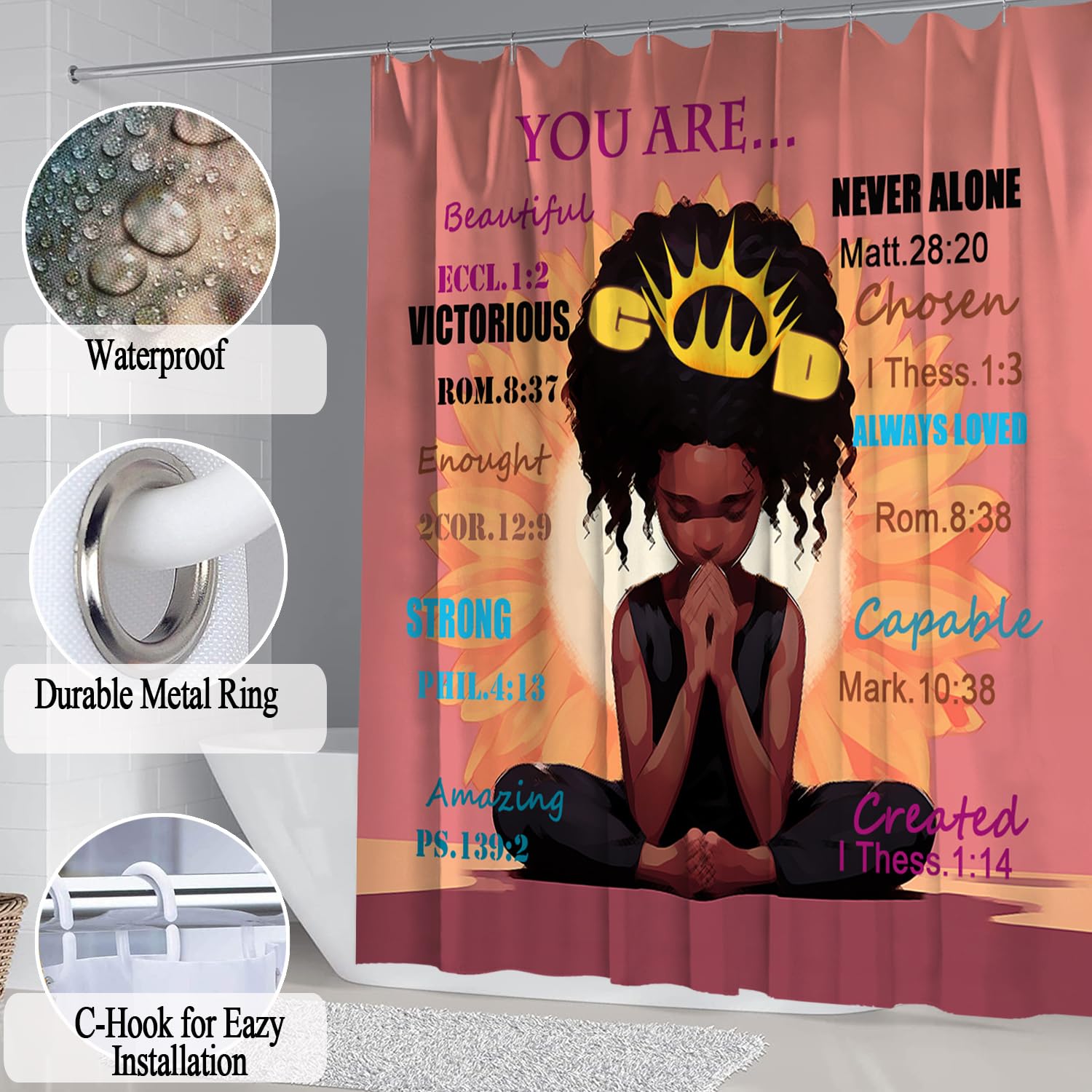 Omebero 4Pcs Romantic Sunflower Black Girl Bathroom Shower Curtain Sets With Rugs, African American Praying Girl Shower Curtain