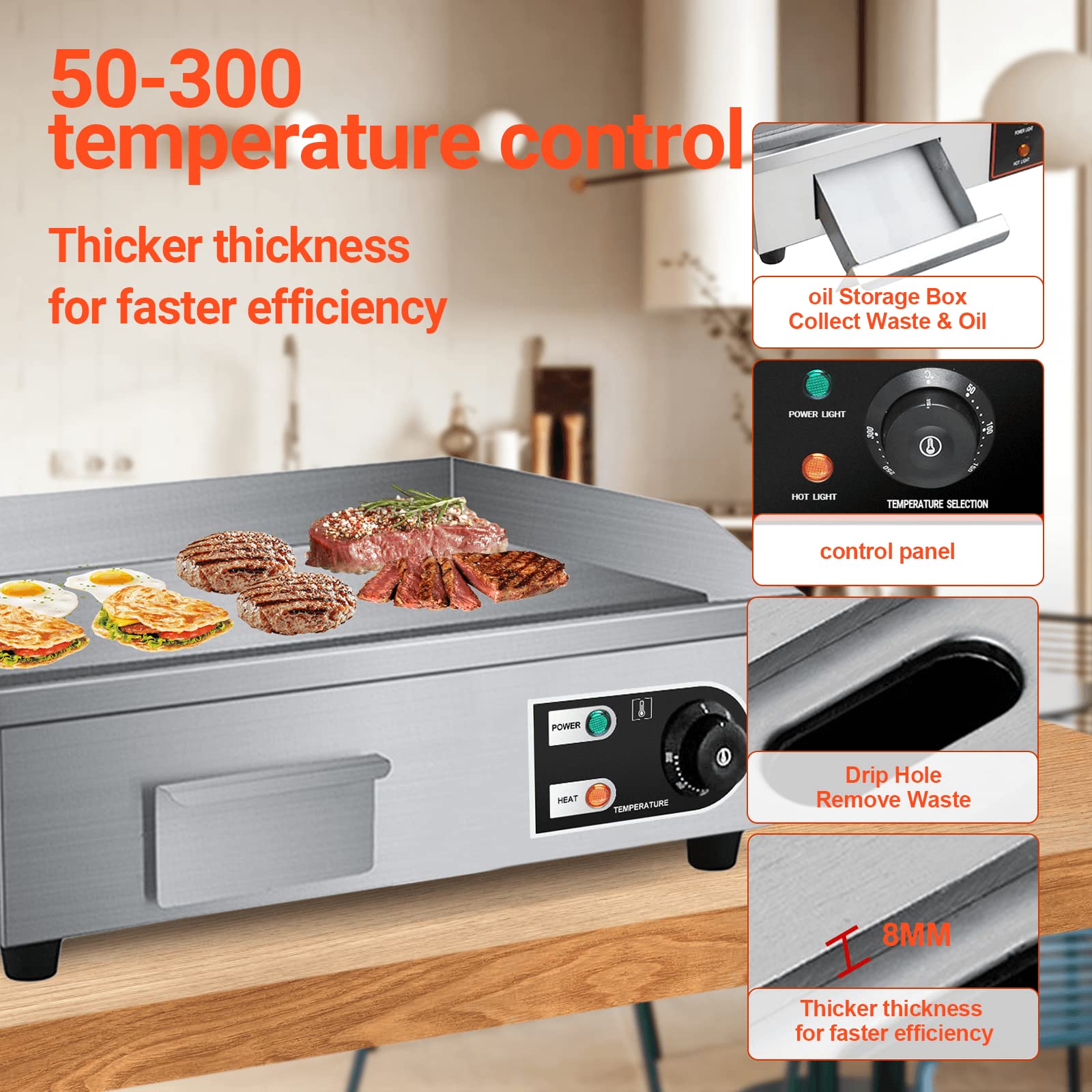 Promotor 22'' Electric Countertop Flat Top Griddle 1600W 110V Non-Stick Commercial Restaurant Teppanyaki Grill Stainless Steel A