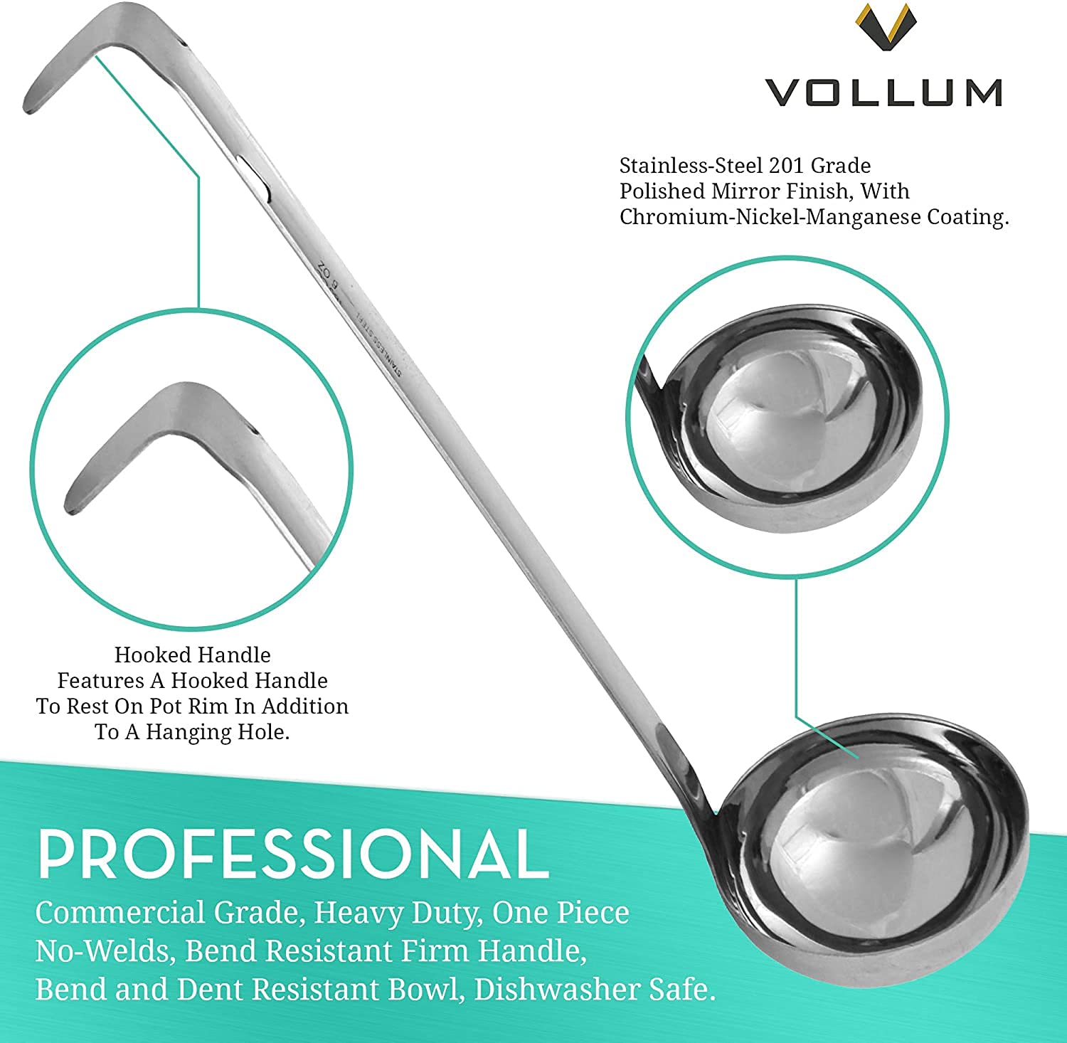 Vollum 1-Piece Ladle Heavy Duty Thick Stainless Steel - 6 Ounce (3.6'' Bowl Diameter, 12.1'' Handle Length)