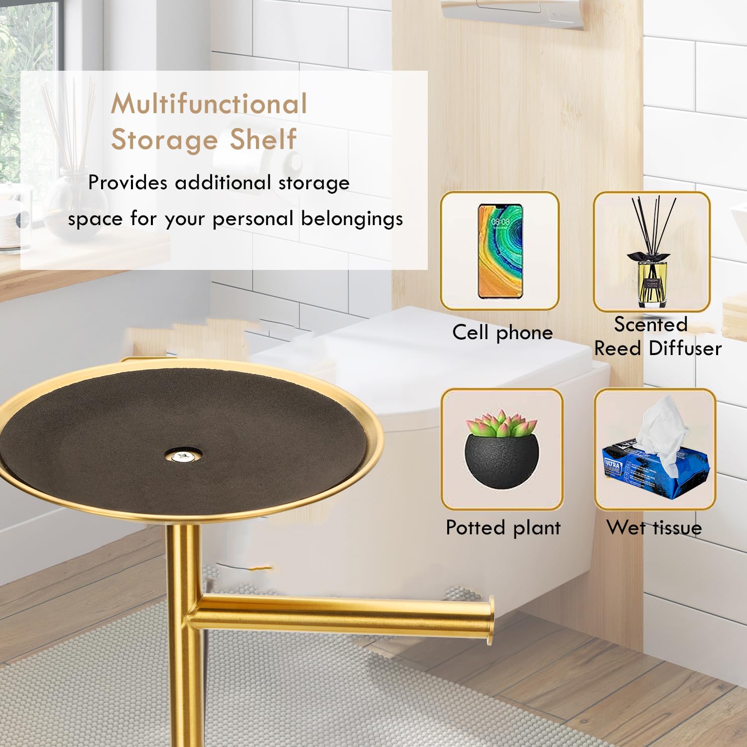 Kalitro Toilet Paper Holder Freestanding With Big Shelf, 4 Rolls Reserve Paper Holder Stand, Modern Paper Roll Holder With Stora