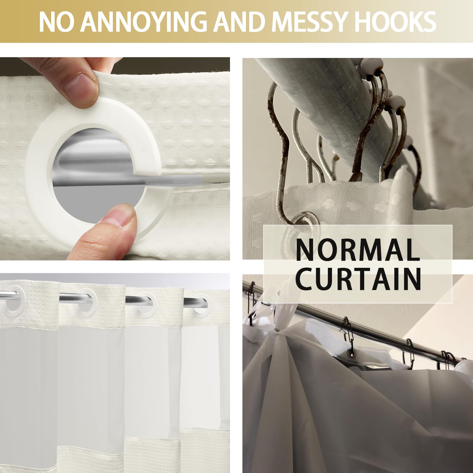 Yellyhommy No Hook Shower Curtain With Snap In Liner Set Less Waffle Shower Curtain For Bathroom (Cream, 81'' L X 72'' W)