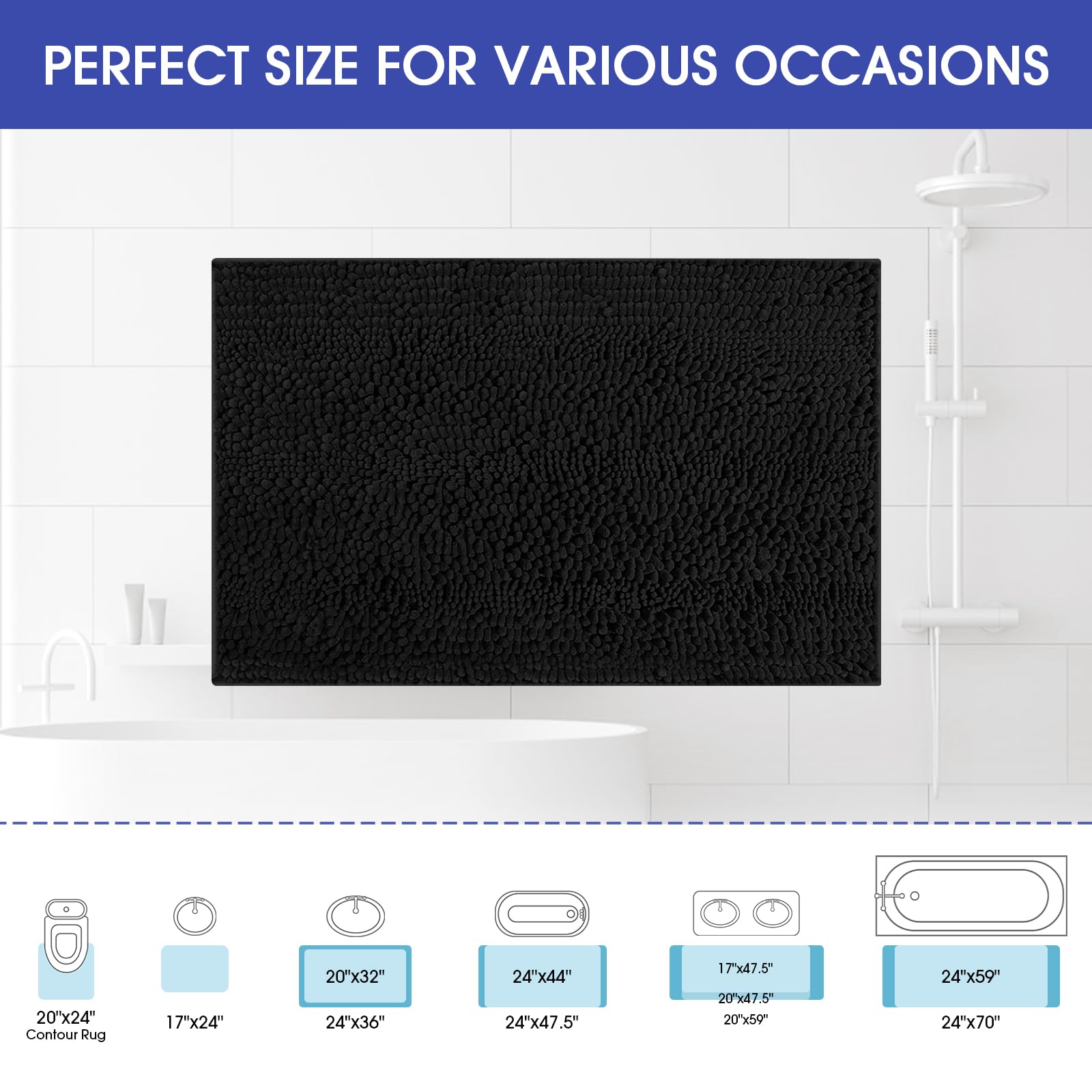 Accumtek Striped Black Bathroom Rug Mat 47.5''X17'' Ultra Soft, Non Slip Chenille Bath Rugs, Absorbent Plush Shaggy Bath Mats Fo