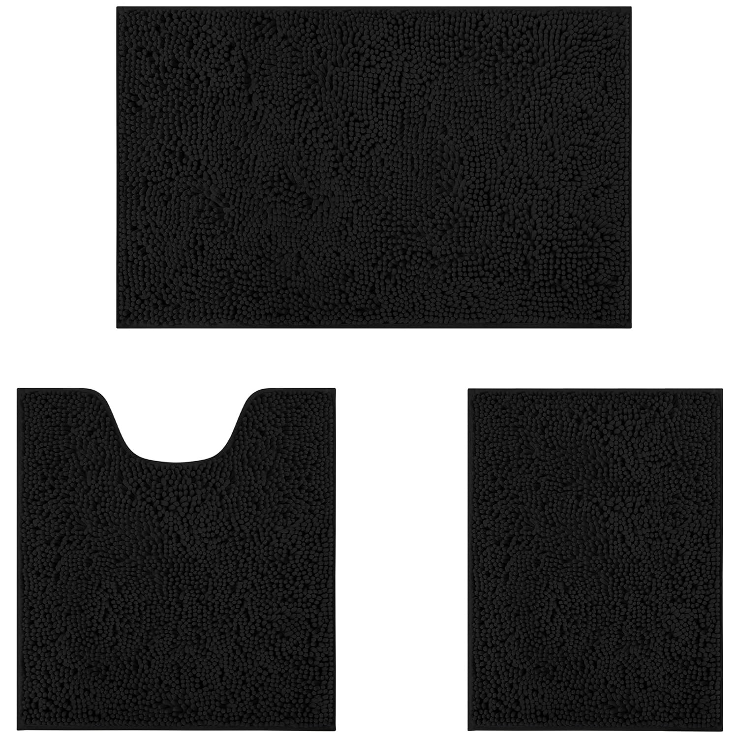 Homeideas 3 Pieces Bathroom Rugs, Ultra Soft Non Slip Absorbent Chenille Toilet Bath Mat Set (Black)