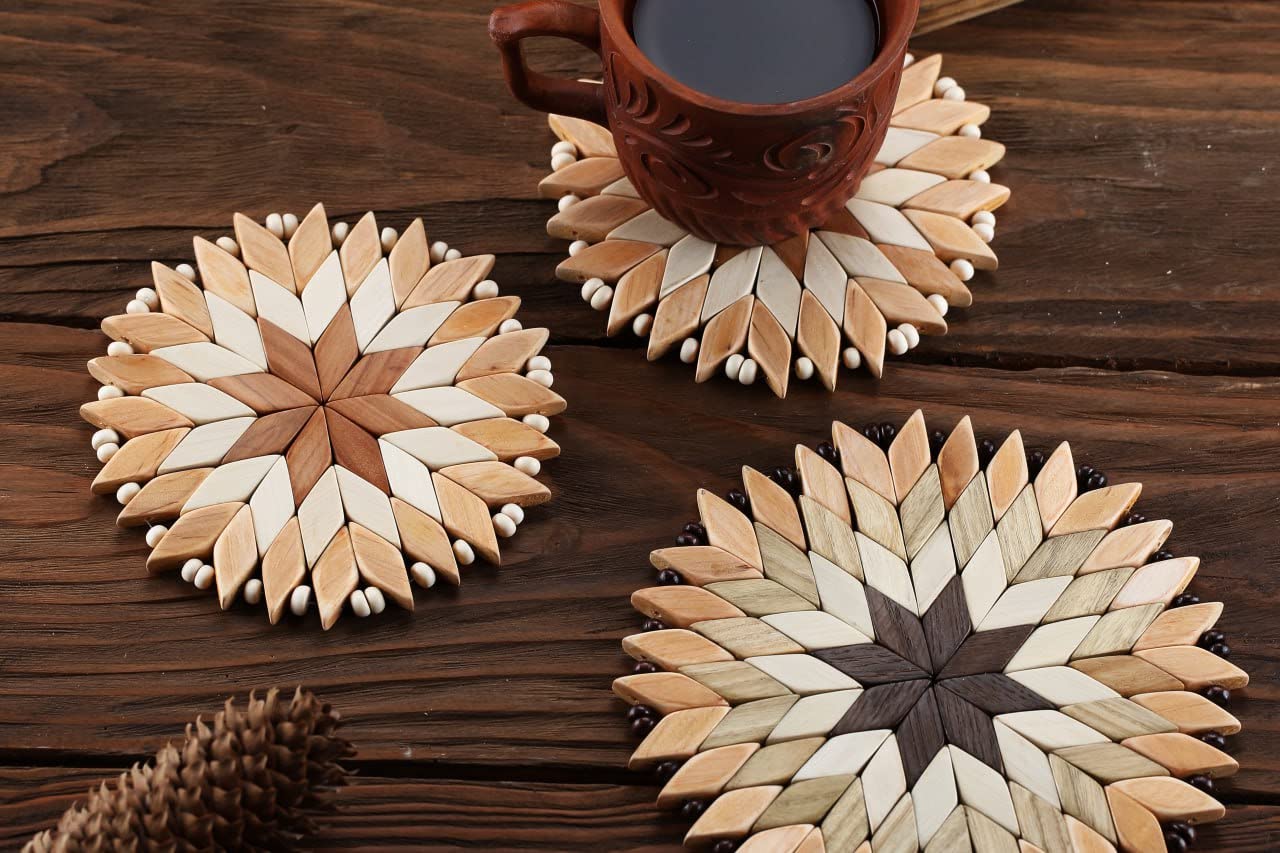 Set Of 3 Small Handmade Wooden Trivets For Hot Dishes - Two 6'' And One 7''- Coasters And Hot Pads - Great Kitchen Gift Idea - B