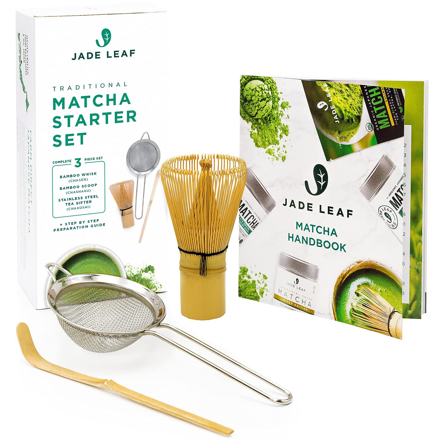 Jade Leaf Matcha Traditional Starter Set  Bamboo Matcha Whisk (Chasen), Scoop (Chashaku), Stainless Steel Sifter, Fully Printed