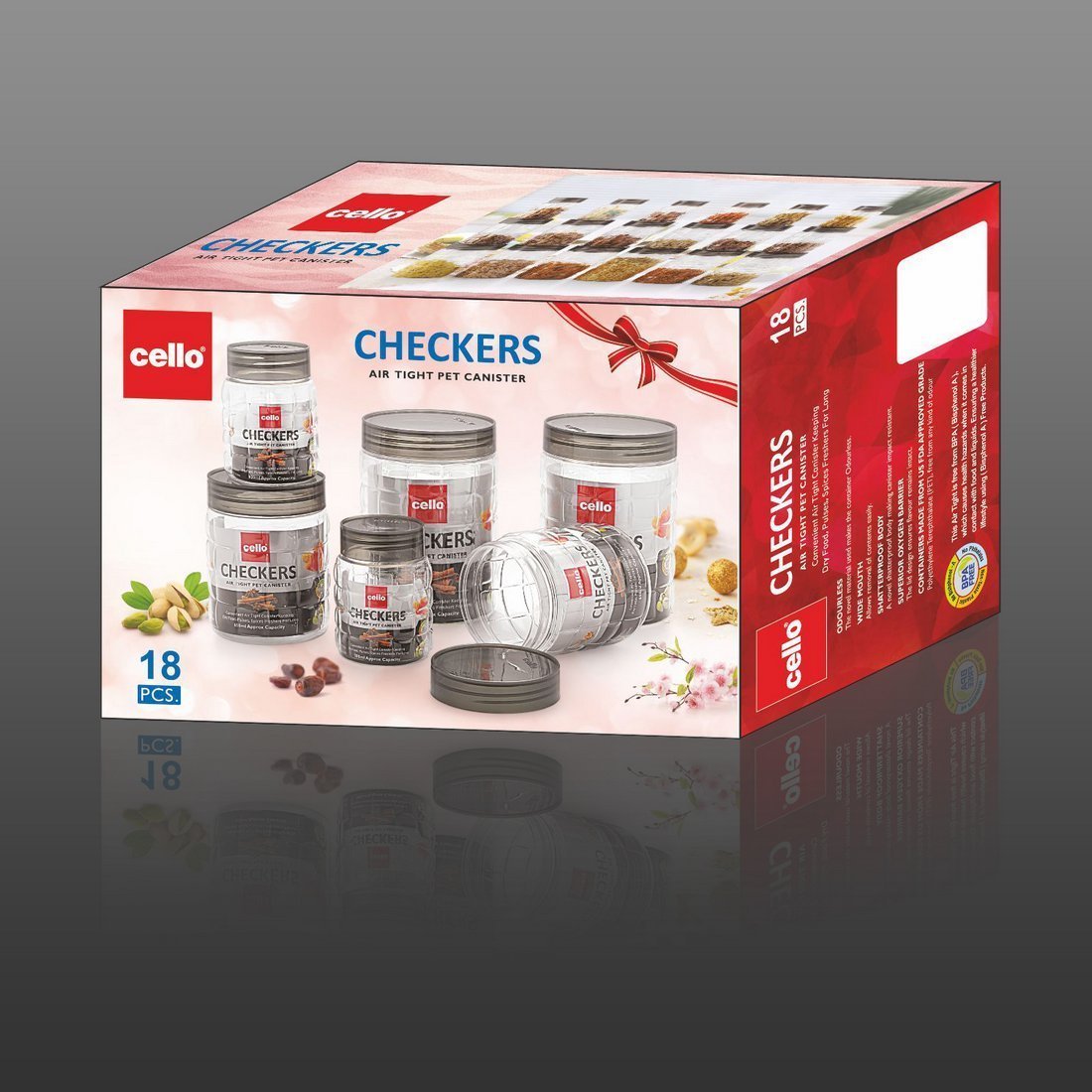 Cello Checkers Plastic Pet Canister Set, 18 Pieces, Clear