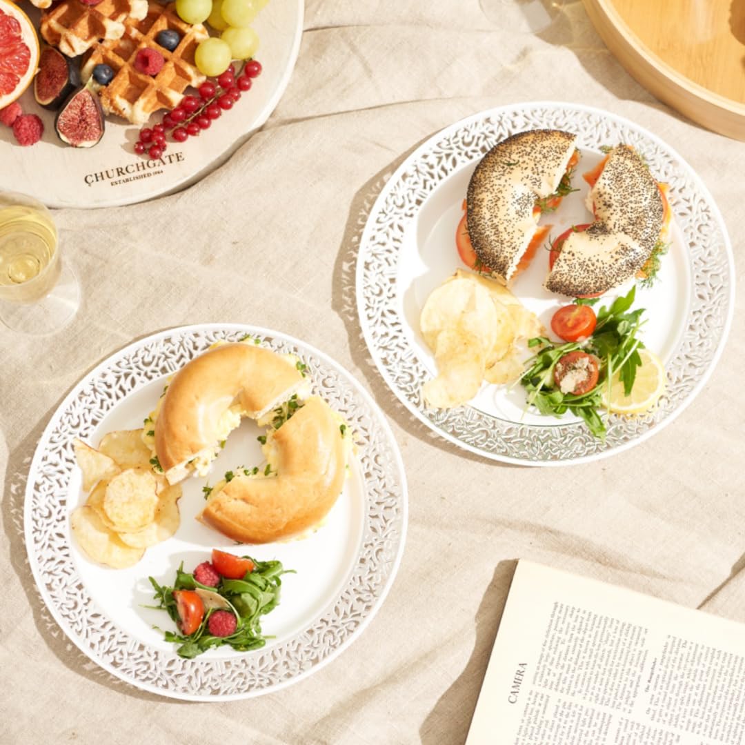 Matana 40 Sliver Plastic Plates With White & Silver Lace Trim - 20 Dinner Plates 10.25'' Inch, 20 Salad Dessert Appetizer Plates