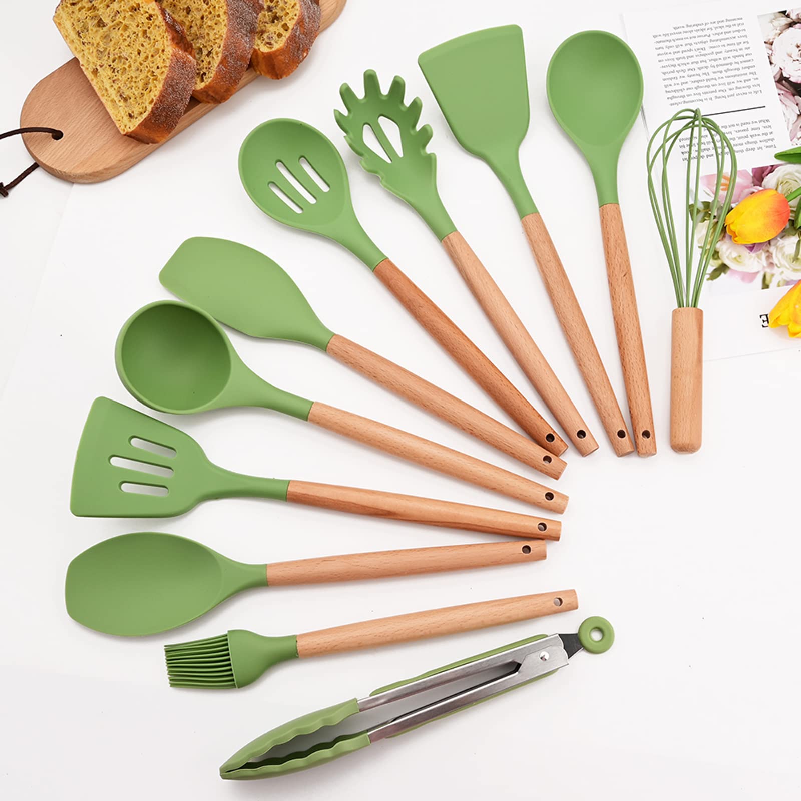 Briiec Avocado Green Silicone Cooking Utensil Set, 12Pcs Kitchen Utensils Heat Resistant Cooking Tools With Wooden Handle, Kitch