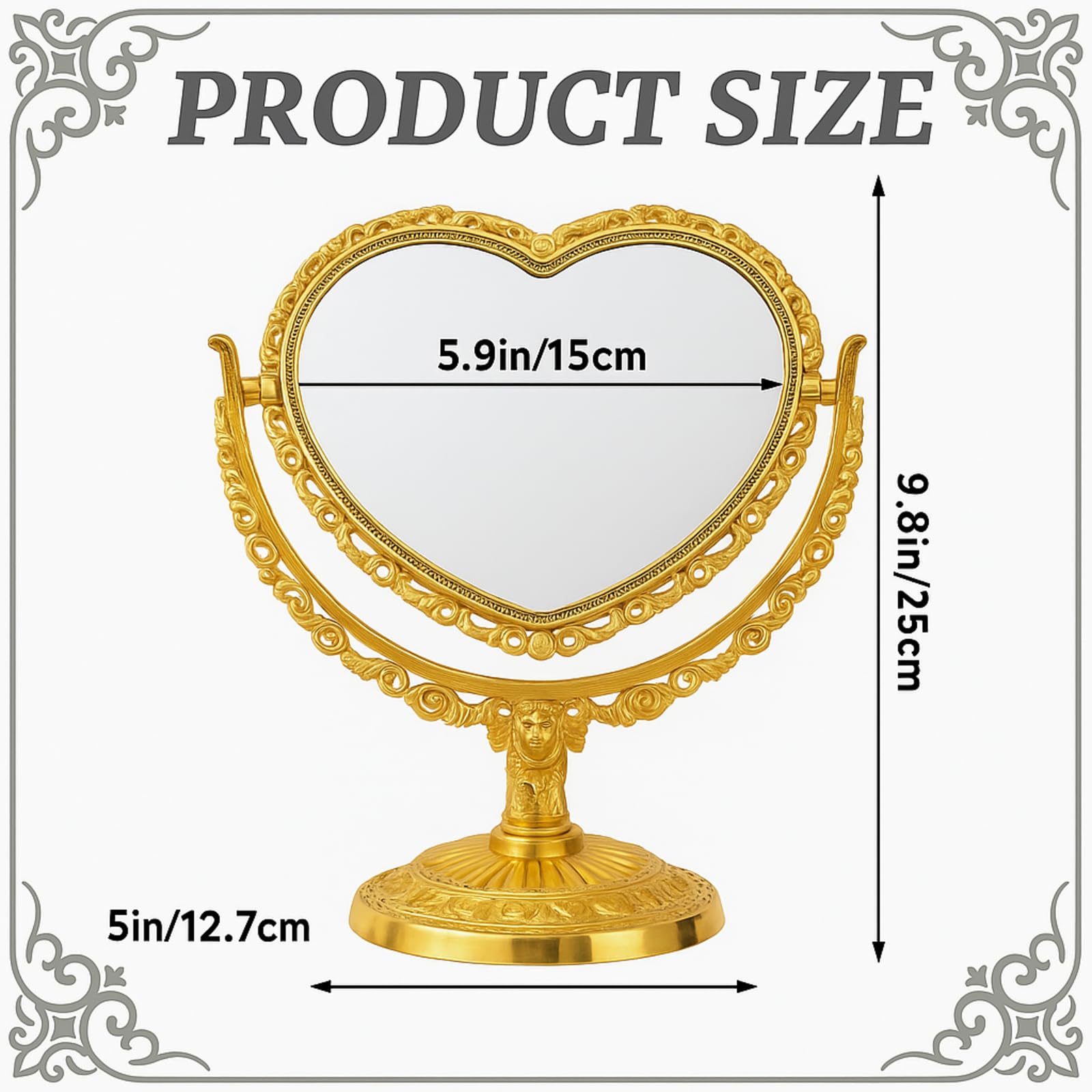 Jetec Heart Shaped Mirror Desktop Makeup Retro 360 Degree Rotation Standing Cosmetic for Dresser Room Decor Vintage Makeup Cosme