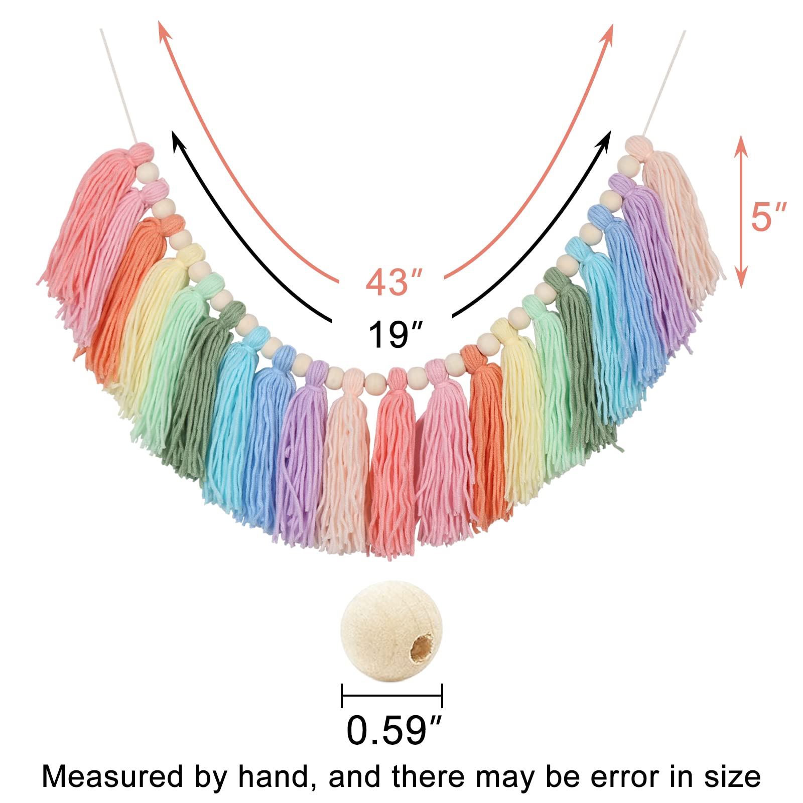 Pastel Rainbow Tassel Garland - Boho Tassel Garland with Wood Beads - Wall Decor for Dorm, Girls Room and Nursery Room for Home
