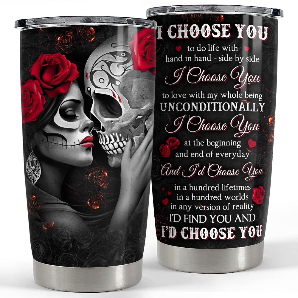 SANDJEST Couple Tumbler 20oz Gifts for Wife Husband Skull Couples Stainless Steel Tumblers Coffee Travel Mug Cup Romantic Gift f