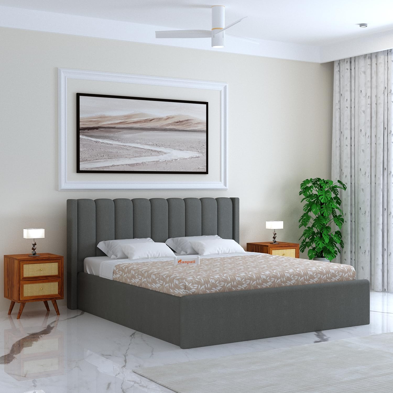 Ganpati Arts Sheesham Wood Emperor Upholstered King Size Bed With Box Storage | Durable Wooden Double Bed Cot Palang With Tufted