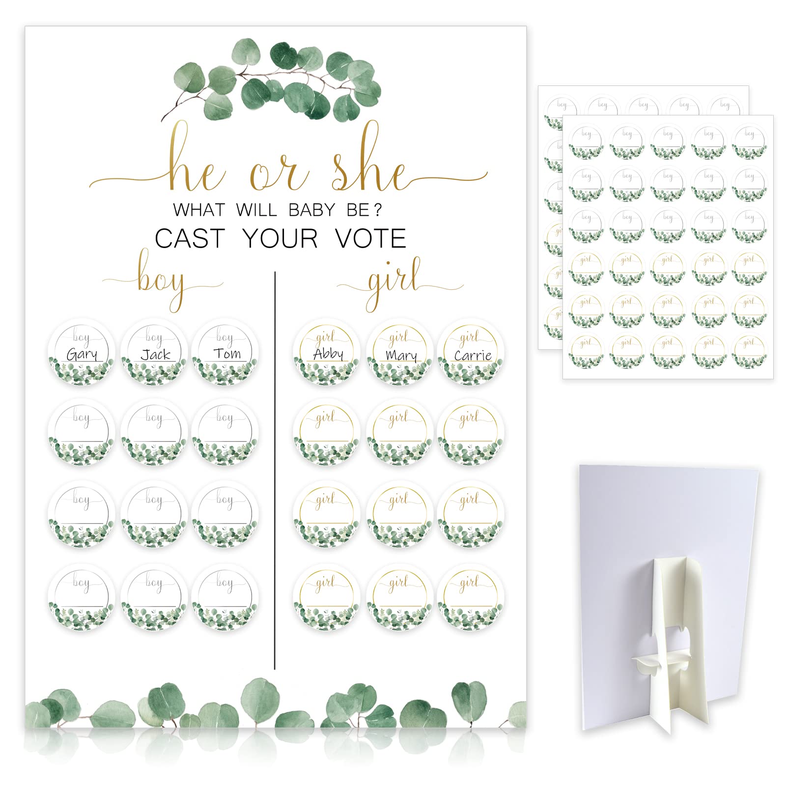 Greenery Baby Gender Reveal Board With Stand(12X17), 60 Eucalyptus Leaf Boy Girl Voting Stickers,He Or She, Cast Your Vote Game,