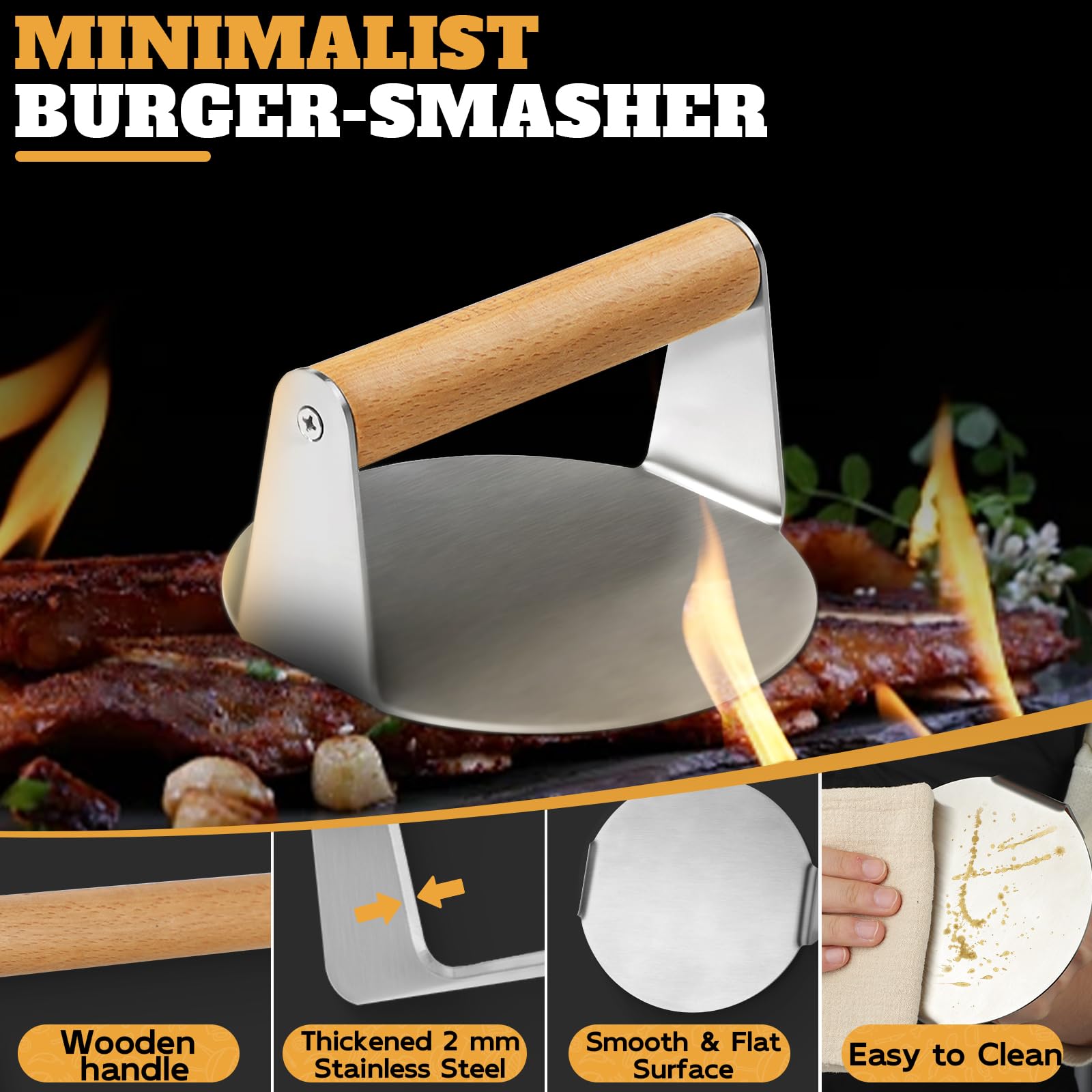 Purplebird Smash Burger Press Kit 3Pcs Set, Stainless Griddle Spatulas Set With Professional Burger Smasher For Griddle, Heavy D