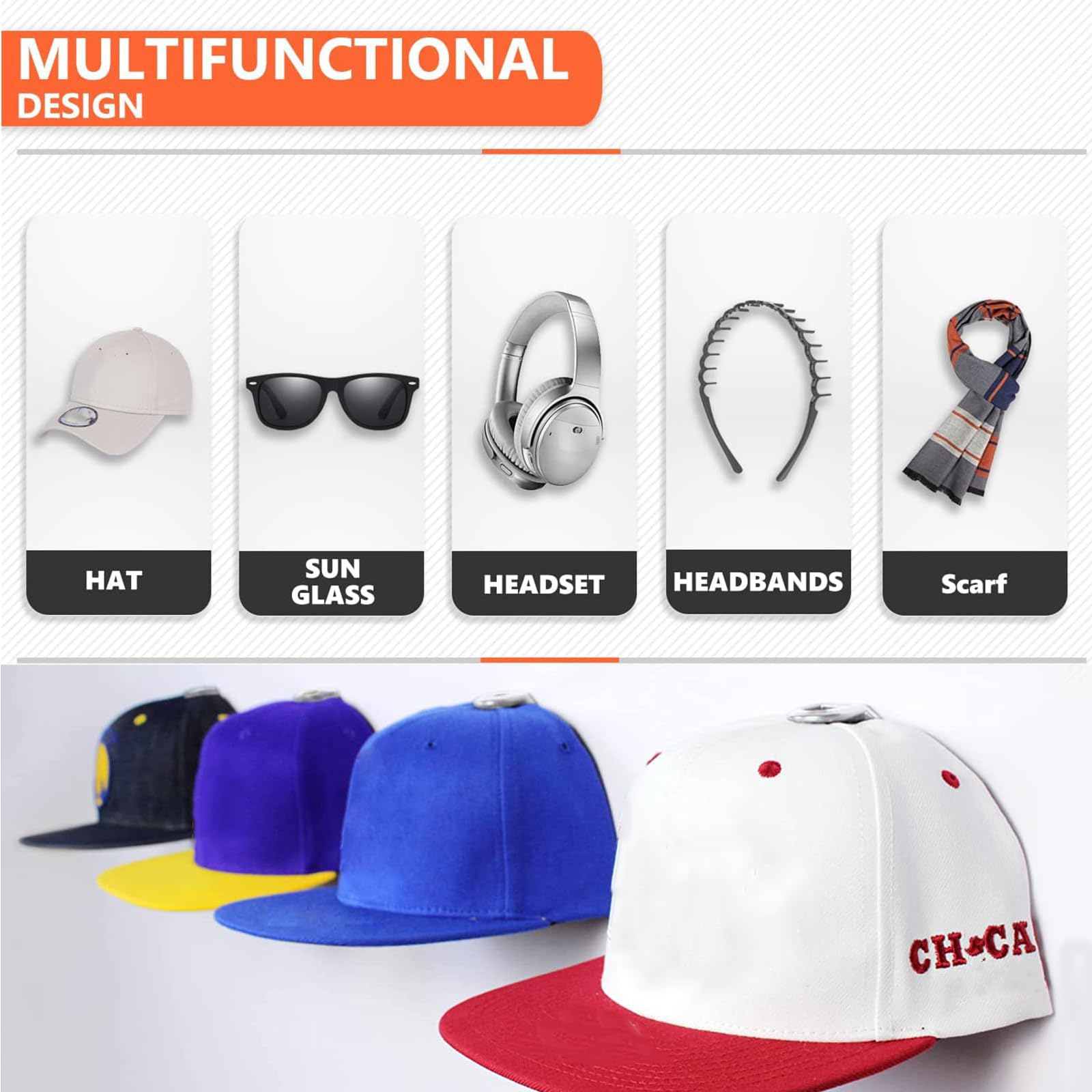 Ruipbote 24 Pack Baseball Hat Holder For Wall,Adhesive Hat Rack For Baseball Caps, Hat Hangers For Wall,Upgraded Adhesive Hat Di