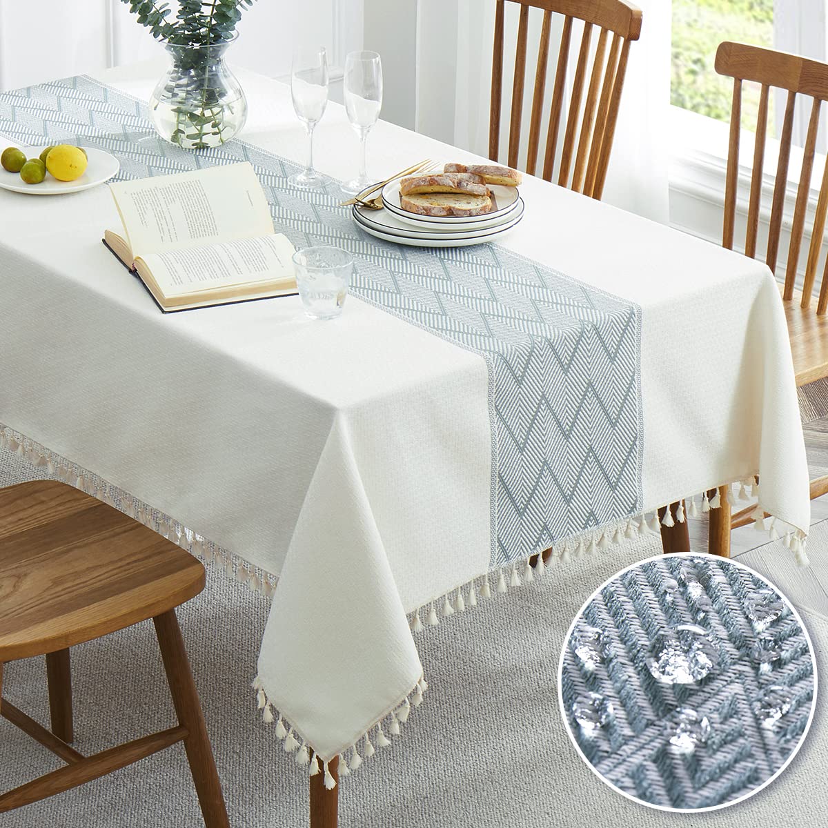 Qianquhui Embroidered Tablecloth For Dining Table,Dust Proof Spillproof Soil Resistant Cotton Linen Rectangle Table Cloths (Blue