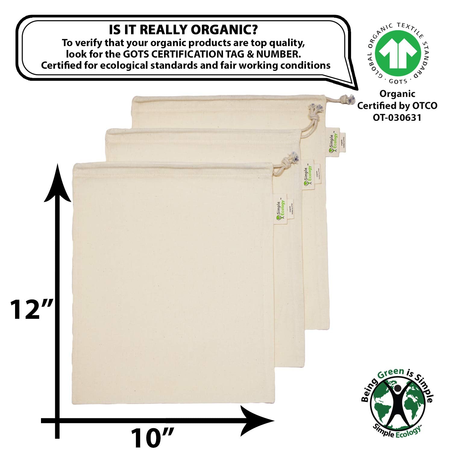 Simple Ecology Reusable Grocery Produce Shopping and Storage Bags  Organic Cotton Muslin  Medium 3 pack