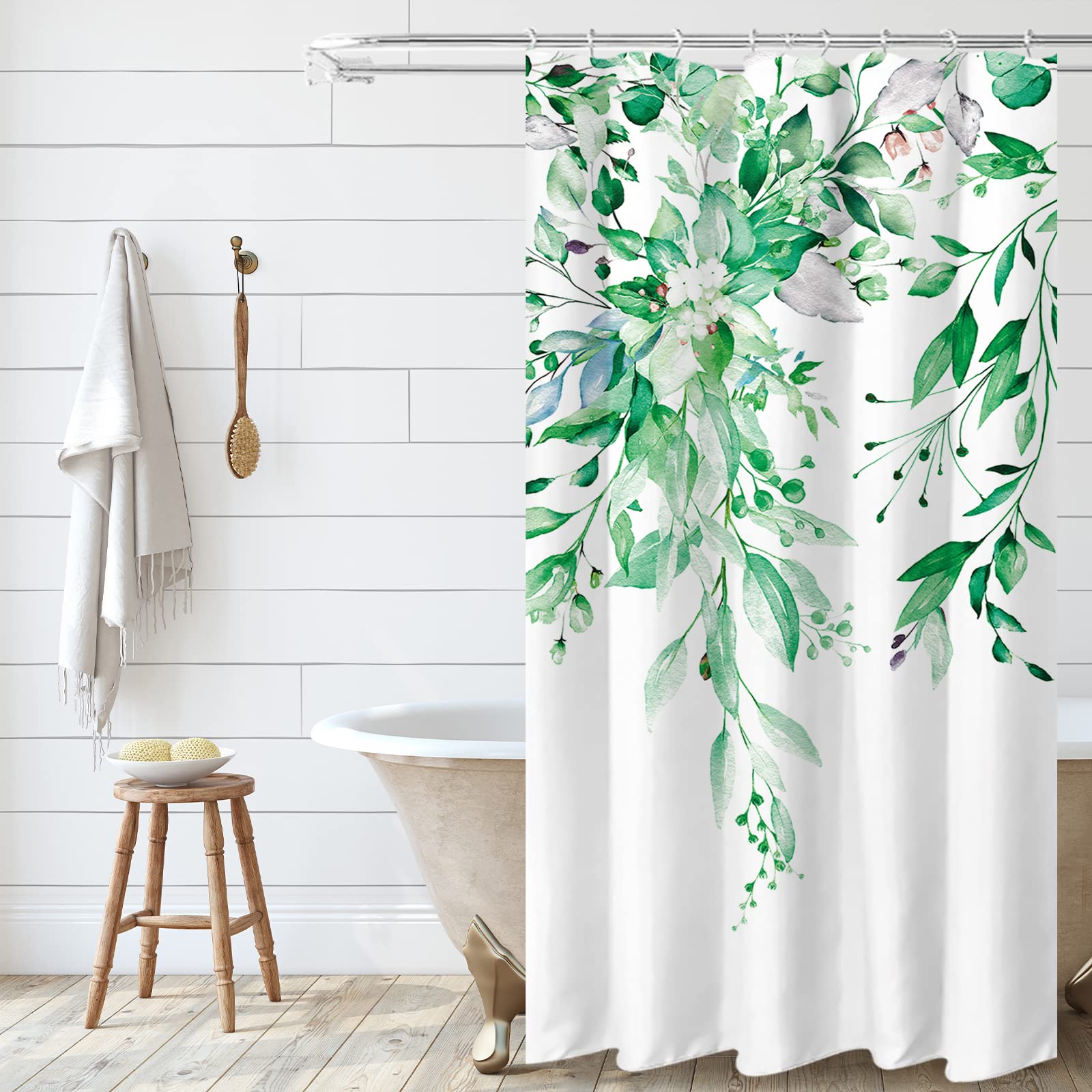 Tititex Emerald Green Eucalyptus Leaves Shower Curtain Sets, Watercolor Leaves On The Top Plant With Floral Bathroom Decoration