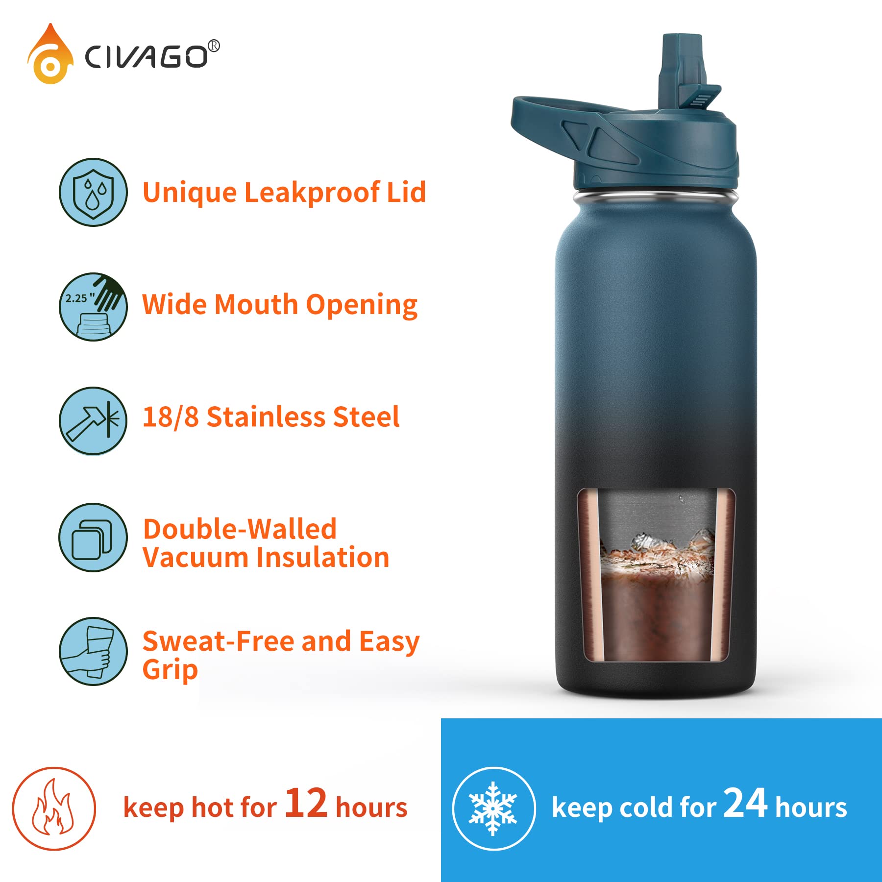 CIVAGO 40 oz Insulated Water Bottle With Straw  Stainless Steel Sports Water Flask Cup with 3 Lids (Straw  Spout and Handle Lid)  Double Walled Travel Thermal Canteen Mug  Cool Gray