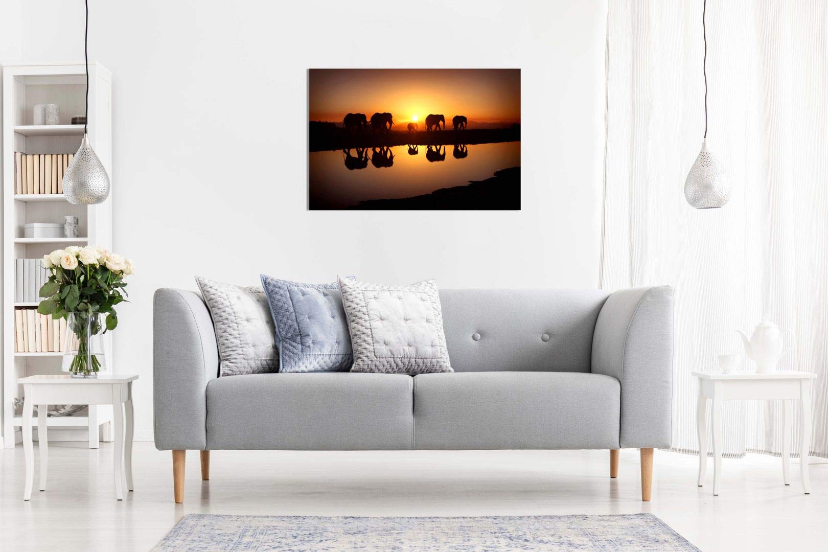 African Sunset Elephants Nature Wildlife Canvas Wall Art Picture Print (36X24In)