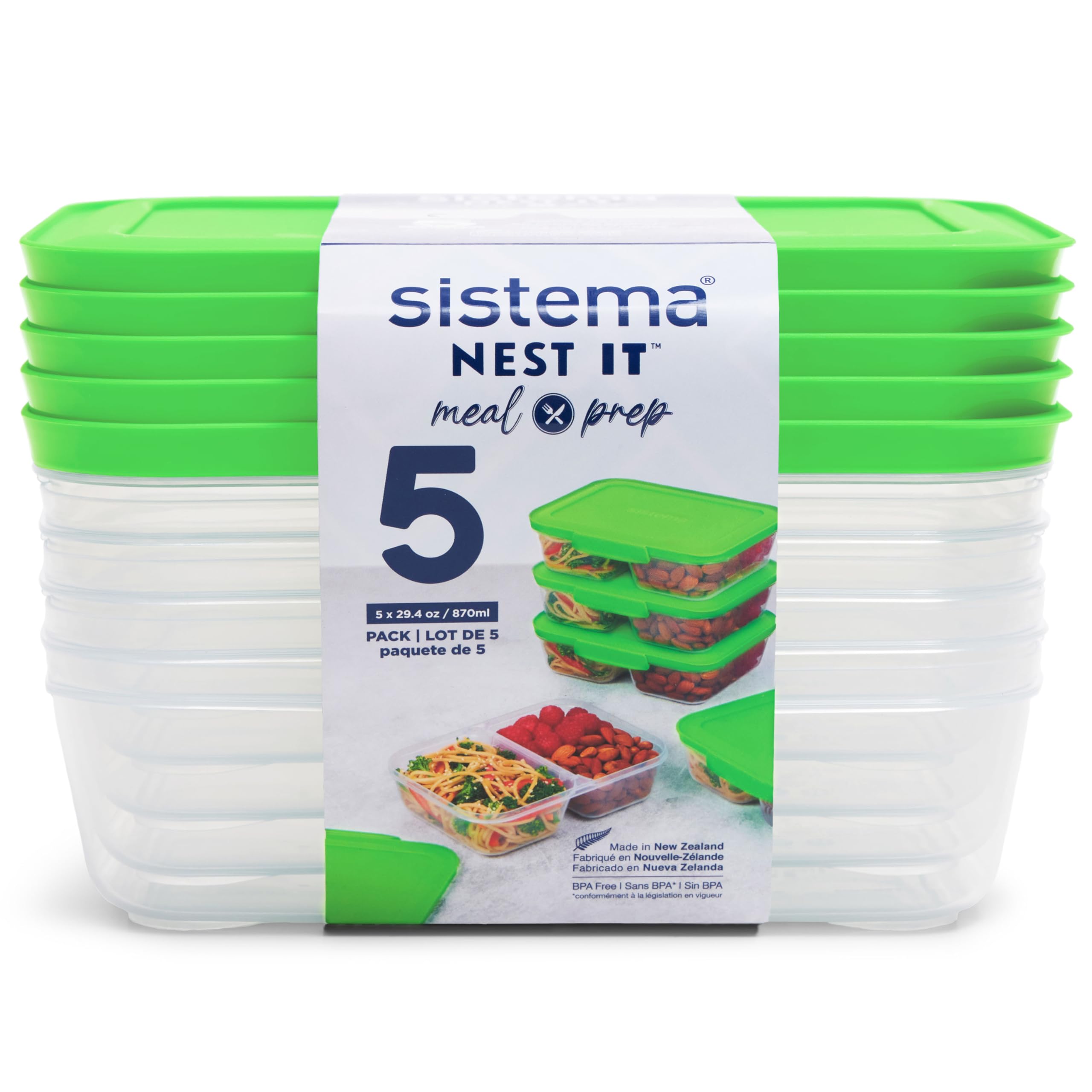 Sistema NEST IT Meal Prep Containers  870 ml  Airtight Food Storage Containers with Compartments & Lids  BPA-Free  Green  Recyclable with TerraCycle  5 Count  White