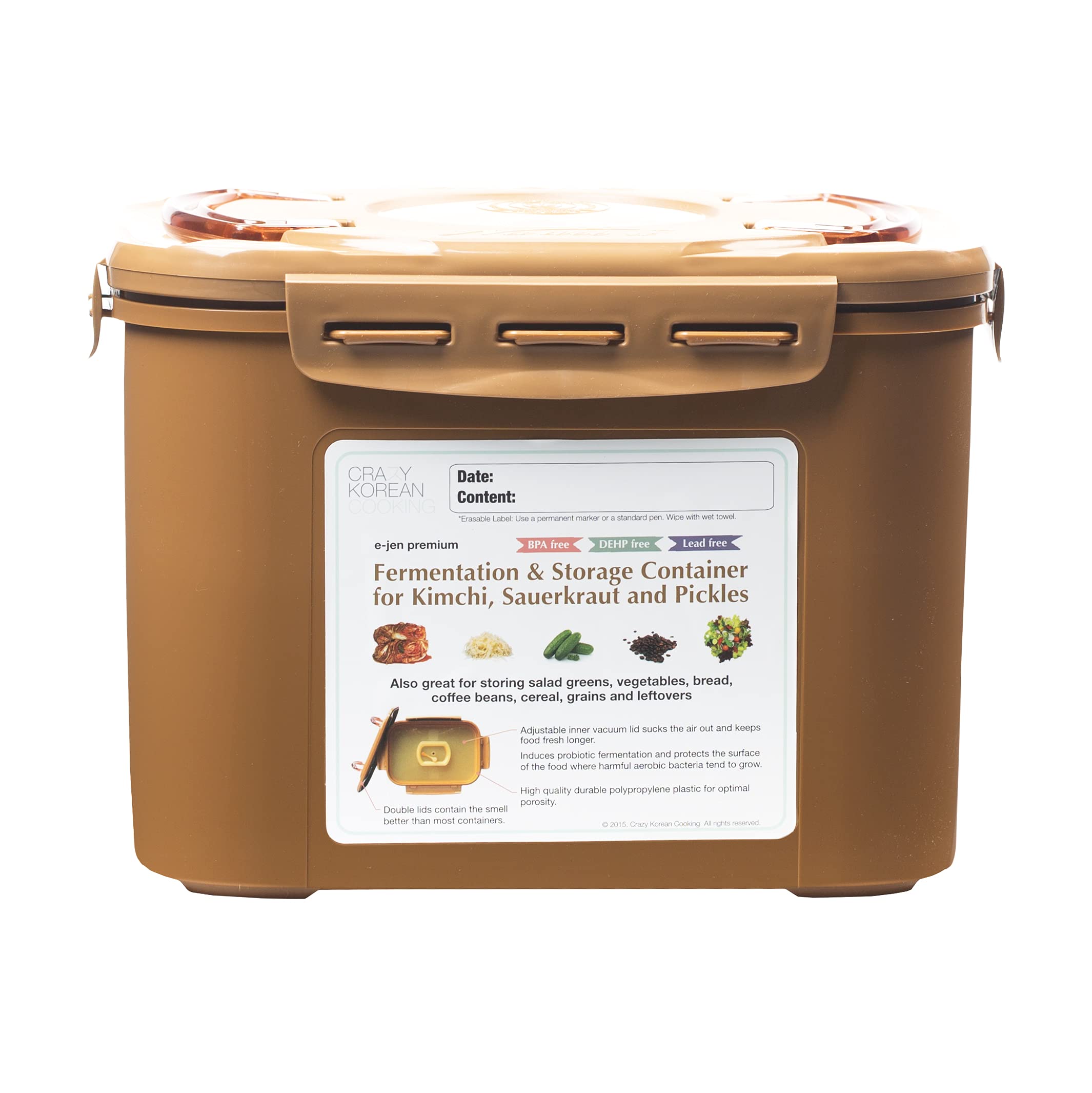 Crazy Korean Cooking Premium Kimchi, Sauerkraut Fermentation And Storage Container With Inner Vacuum Lid, Sandy Brown, 2.2 Gallo