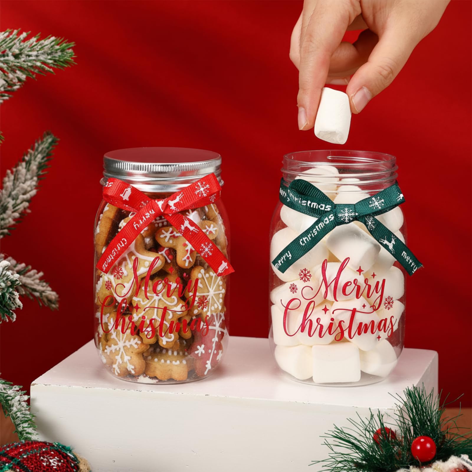 Yungyan 24 Set 12oz Christmas Mason Jars Christmas Candy Jars with Lids Ribbons Print Pattern Clear Plastic Cookies Containers f