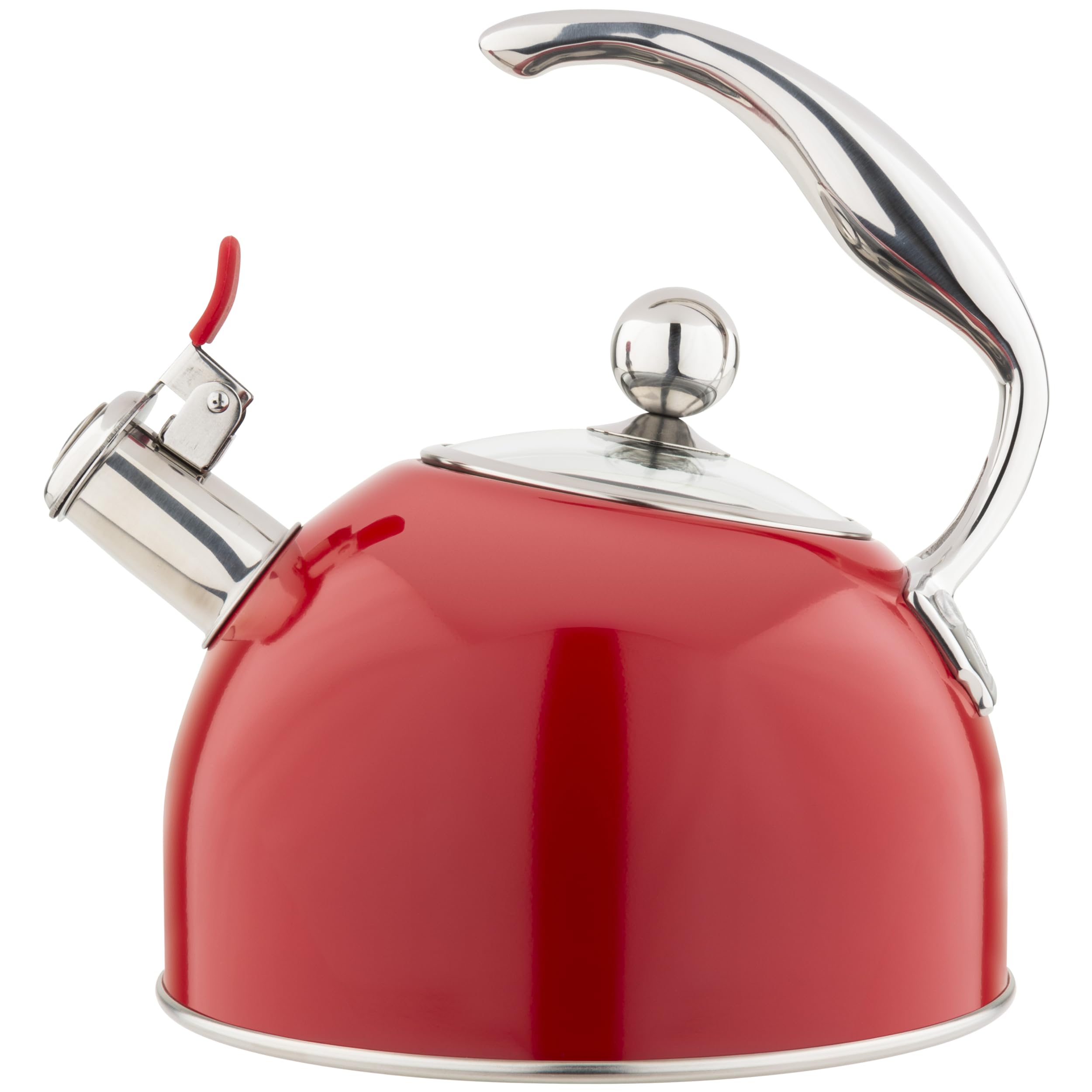 Viking Culinary 3-Ply Stainless Steel Whistling Tea Kettle  2.6 Quart  Includes Tempered Glass Lid  Ergonomic Stay-Cool Handle  Works on All Cooktops including Induction  Red