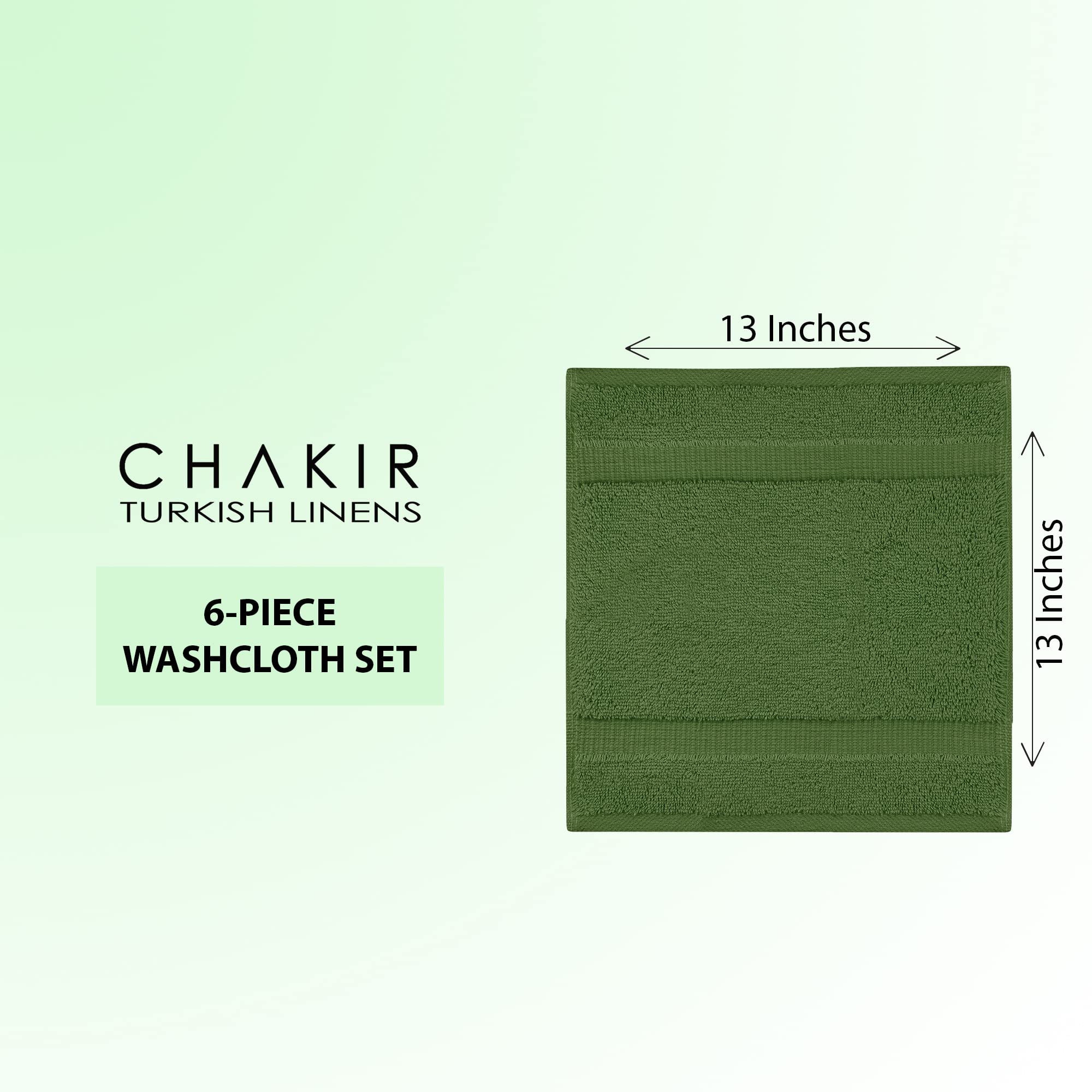 Chakir Turkish Linens 100% Cotton Premium Turkish Towels For Bathroom | 13'' X 13'' (6-Piece Washcloth, Moss)