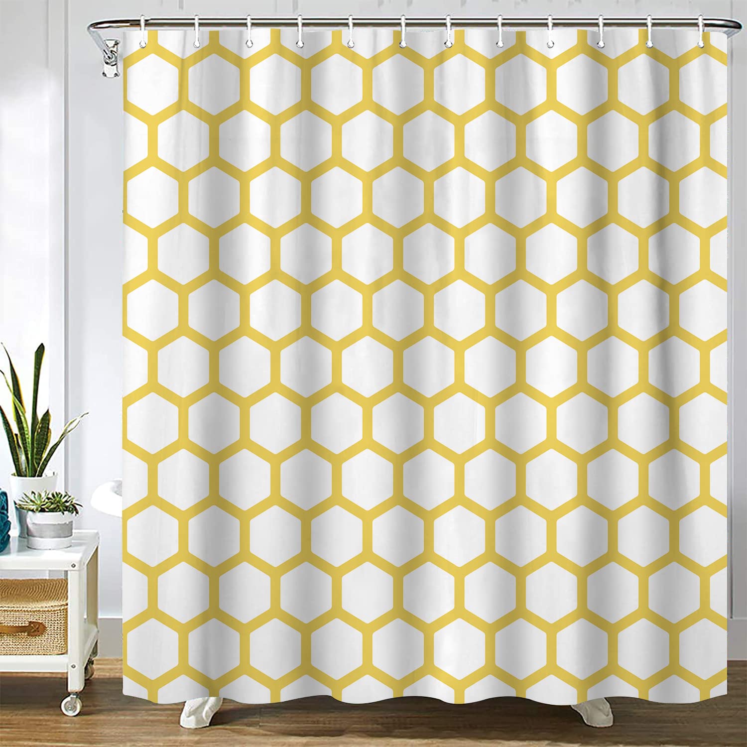 SPXUBZ Yellow and White Hexagonal Pattern Honeycomb Beehive Simplistic Geometrical Monochrome Yellow White Shower Curtain Waterproof Bathroom Decor Polyester Fabric Curtain Sets with Hooks 60x72 Inch