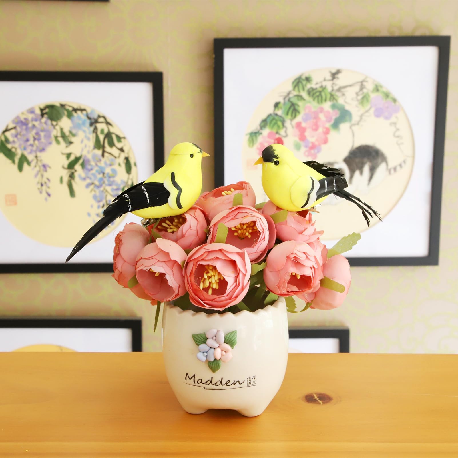 Artificial Birds Realistic Yellow Goldfinch 2 Pack Clip on Foam Feathered Bird Ornaments Figurines for Christmas Tree Decoration