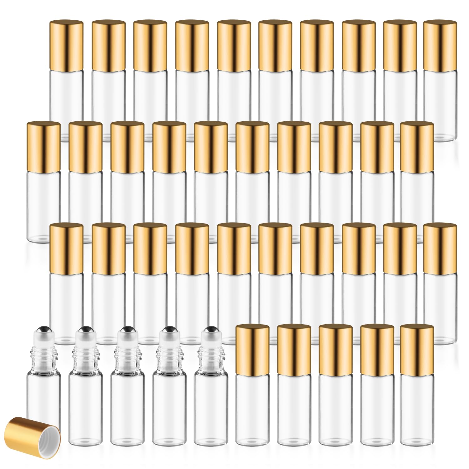 40 Pcs Essential Oils Roller Bottles Small Refillable Glass Perfume Bottles Sample Vials with Roller Balls & Gold Lids for Trave