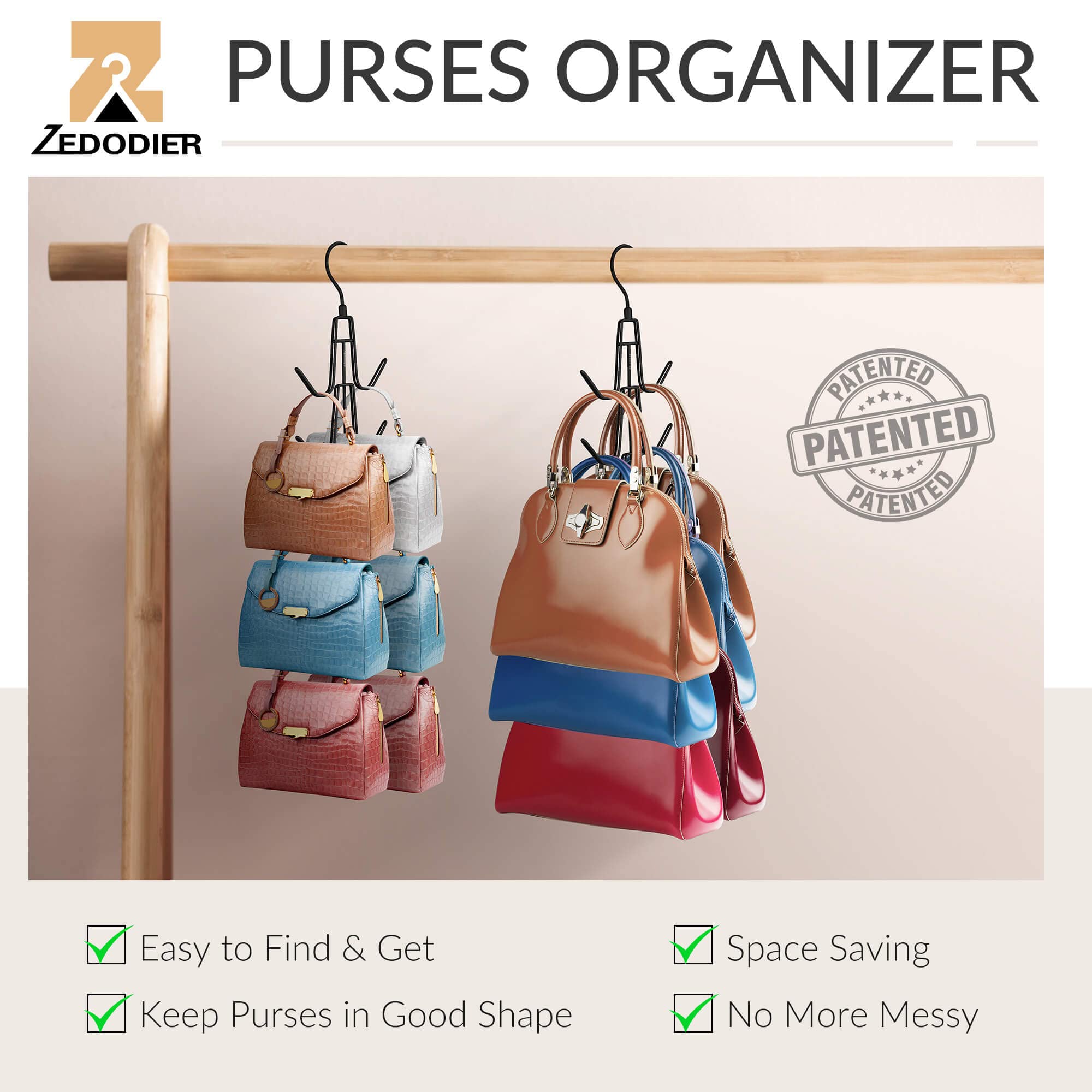Zedodier Purse Hanger Organizer For Closet, 2 Pack Hanging Bag Holder, Keeping Purses Visible And In Good Condition, Metal Handb