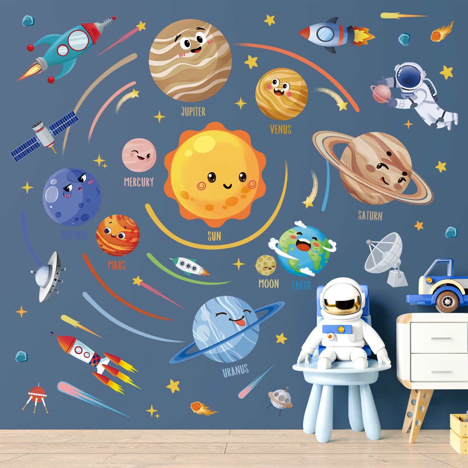 Wondever Solar System Planet Wall Stickers Outer Space Astronaut Peel And Stick Wall Art Decals For Baby Nursery Kids Bedroom