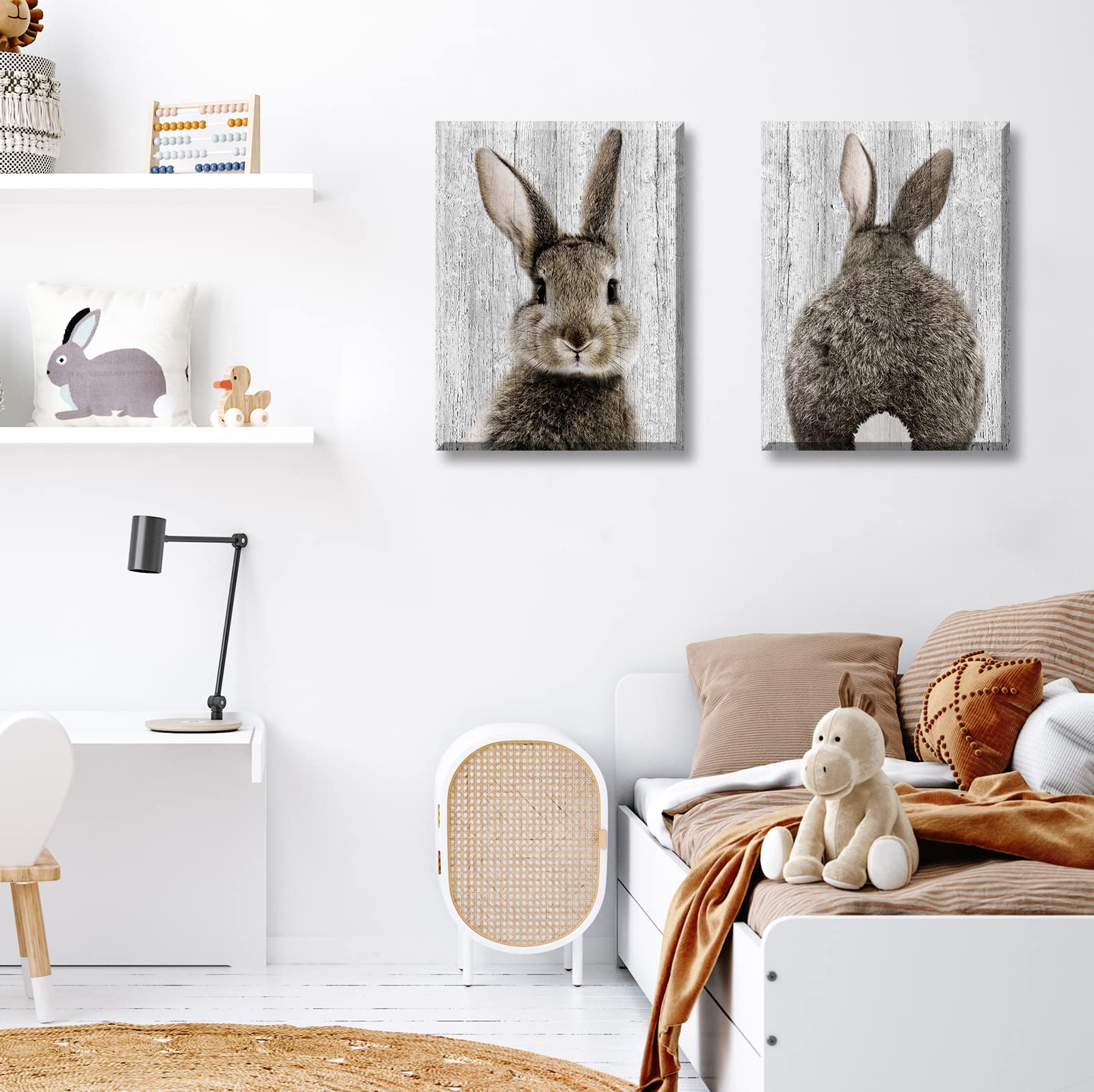BLINFEIRU Nursery Decor Bunny Canvas Wall Art Brown Lovely Rabbit Posters for Baby Kids Room Decorative Pictures Natural Cute Animal Artwork Framed Ready to Hang 12''X16''X2
