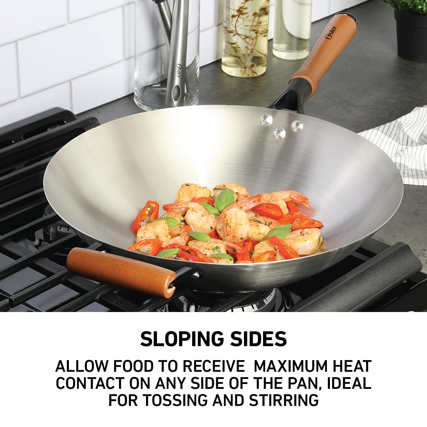 Oster Sangerfield 14-Inch Stainless Steel Wok With Wood Handles, Durable Non-Stick Stir Fry Pan for Gas and Electric Stovetops