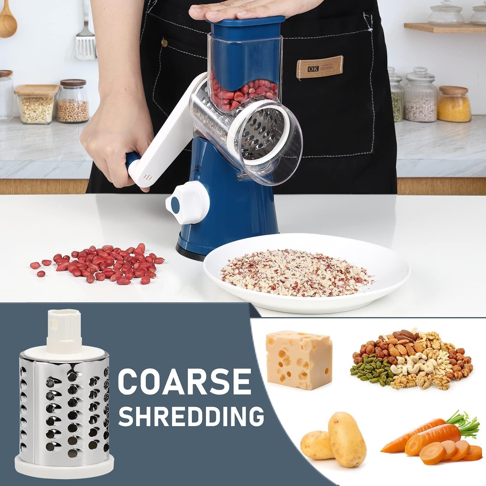 Keouke Rotary Cheese Grater With Handle Vegetable Cheese Shredder Slicer Grater For Kitchen 3 Changeable Blades For Cheese Potat