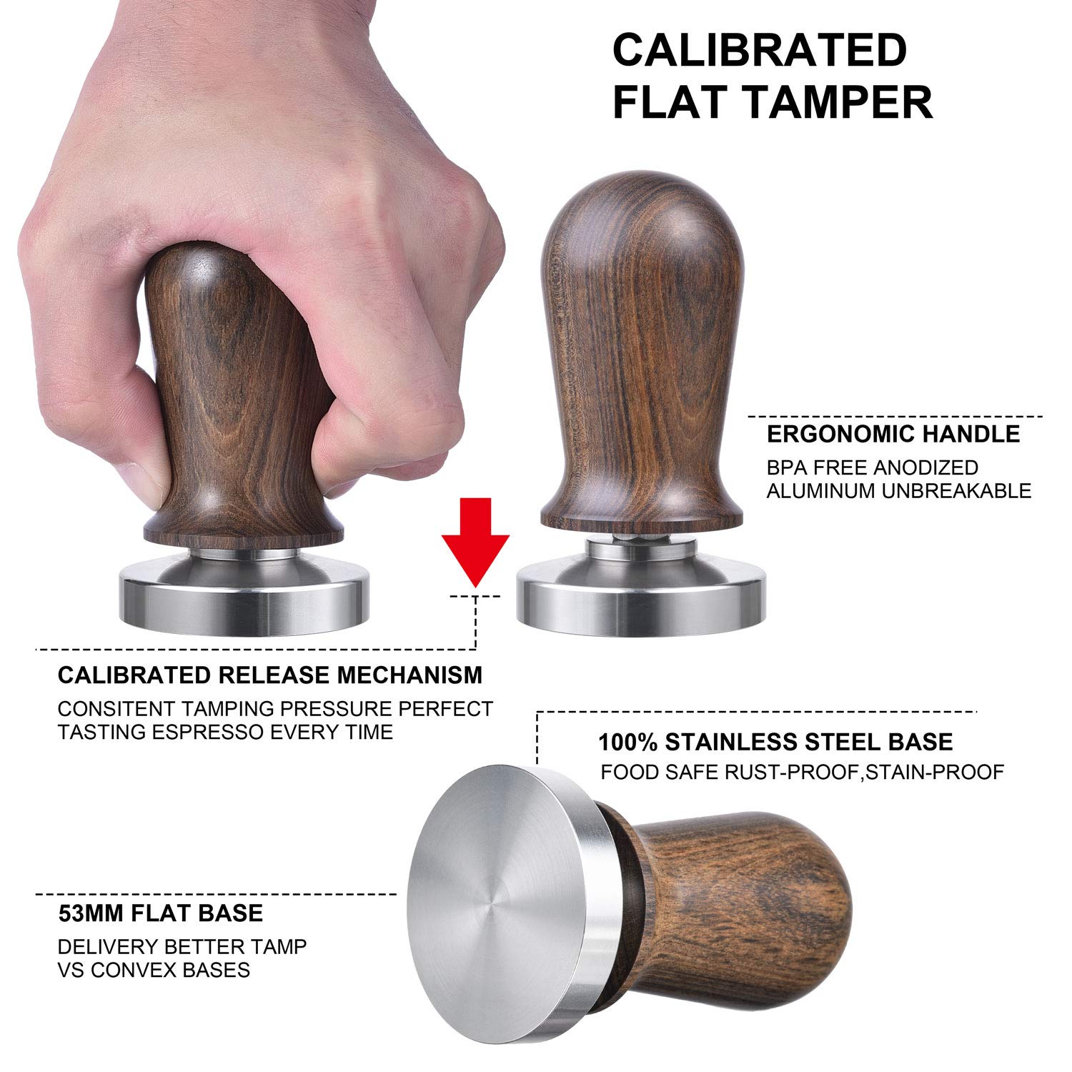 Matow 53Mm Calibrated Espresso Tamper, Calibrated Coffee Tamper With Spring Loaded Wooden Handle Stainless Steel Flat Base, Prof