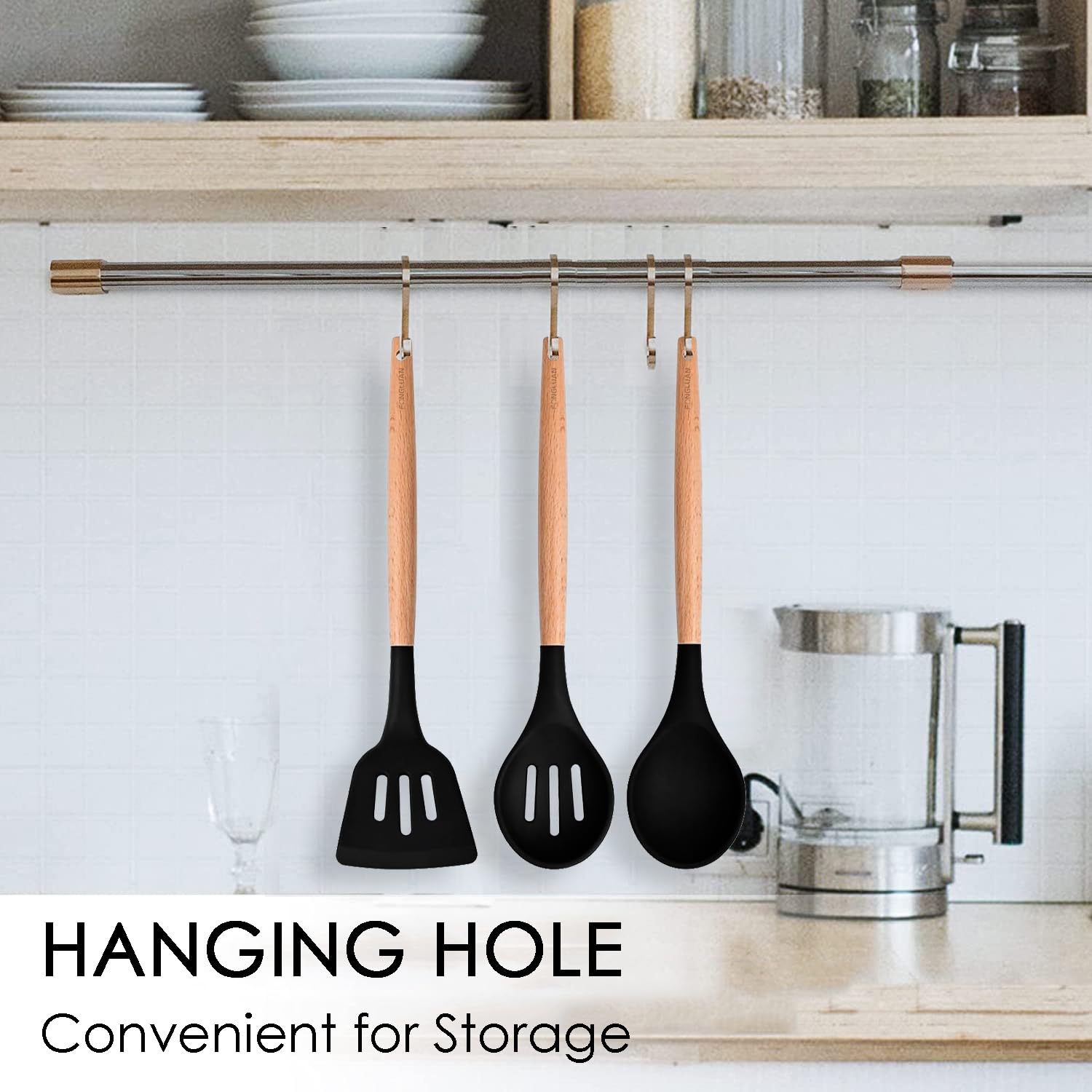 Fongluan Kitchen Utensils. Set Of 3, Silicone Cooking Utensils Set, Turner/Spatula, Spoons With Wooden Handle, Heat Resistant, N