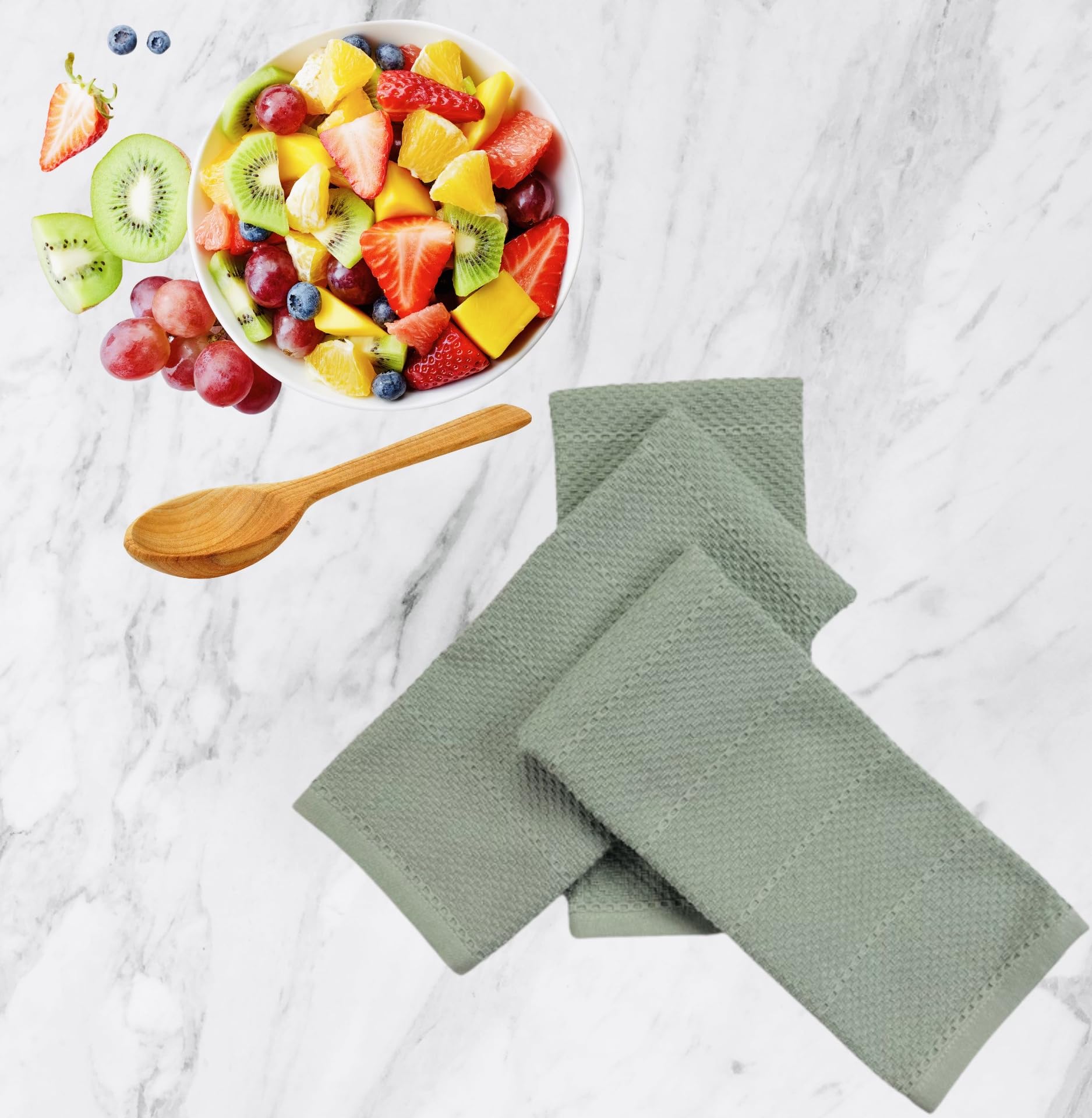 Sage Green Kitchen Dish Towels: 100% Cotton Cloth Soft Cleaning Drying Absorbent Textured Terry Loop, Set Of 3 Multipurpose For