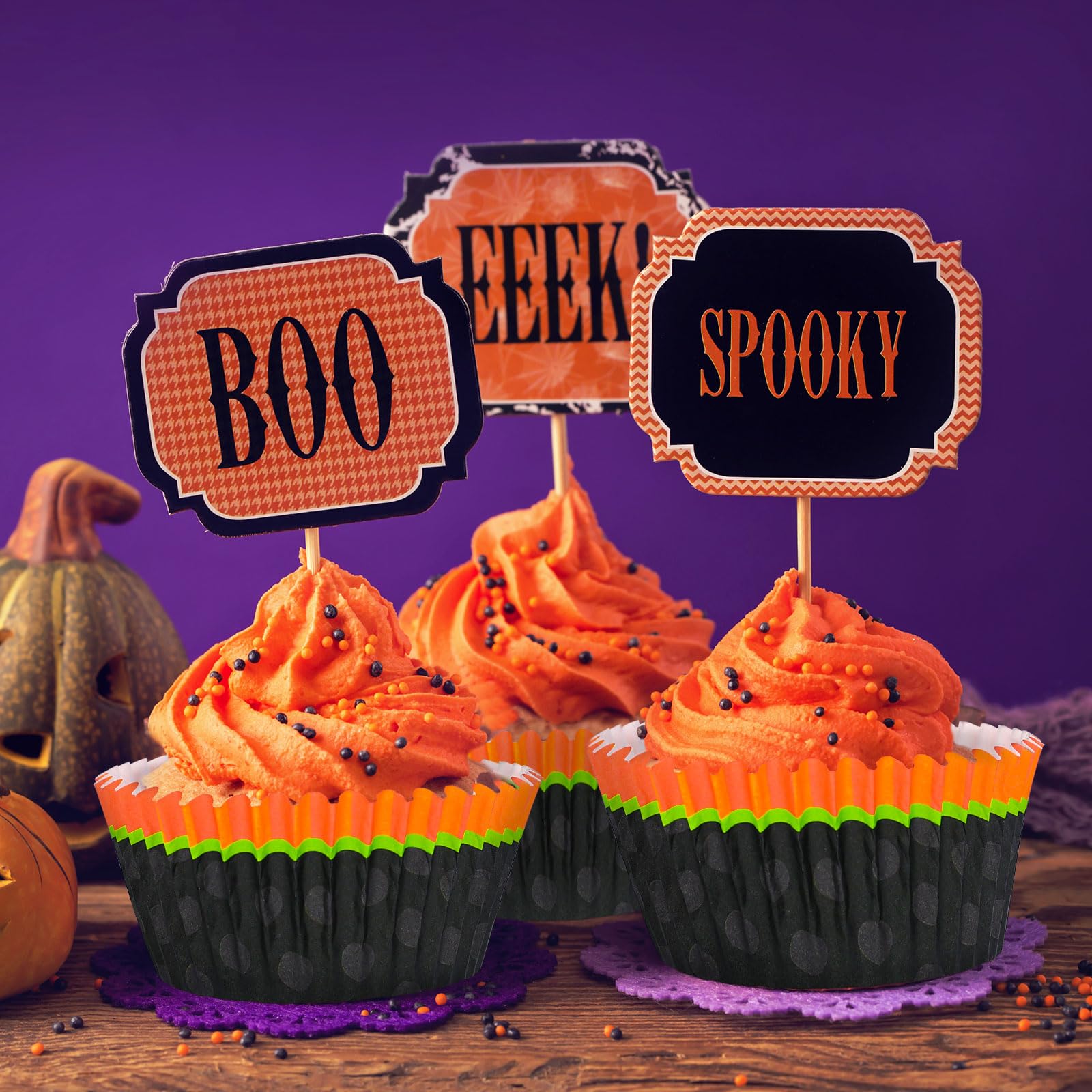 Whaline 600Pcs Halloween Cupcake Liners Pumpkin Face Pattern Cupcake Wrappers Baking Cups Holders Black Orange Muffin Baking Lin