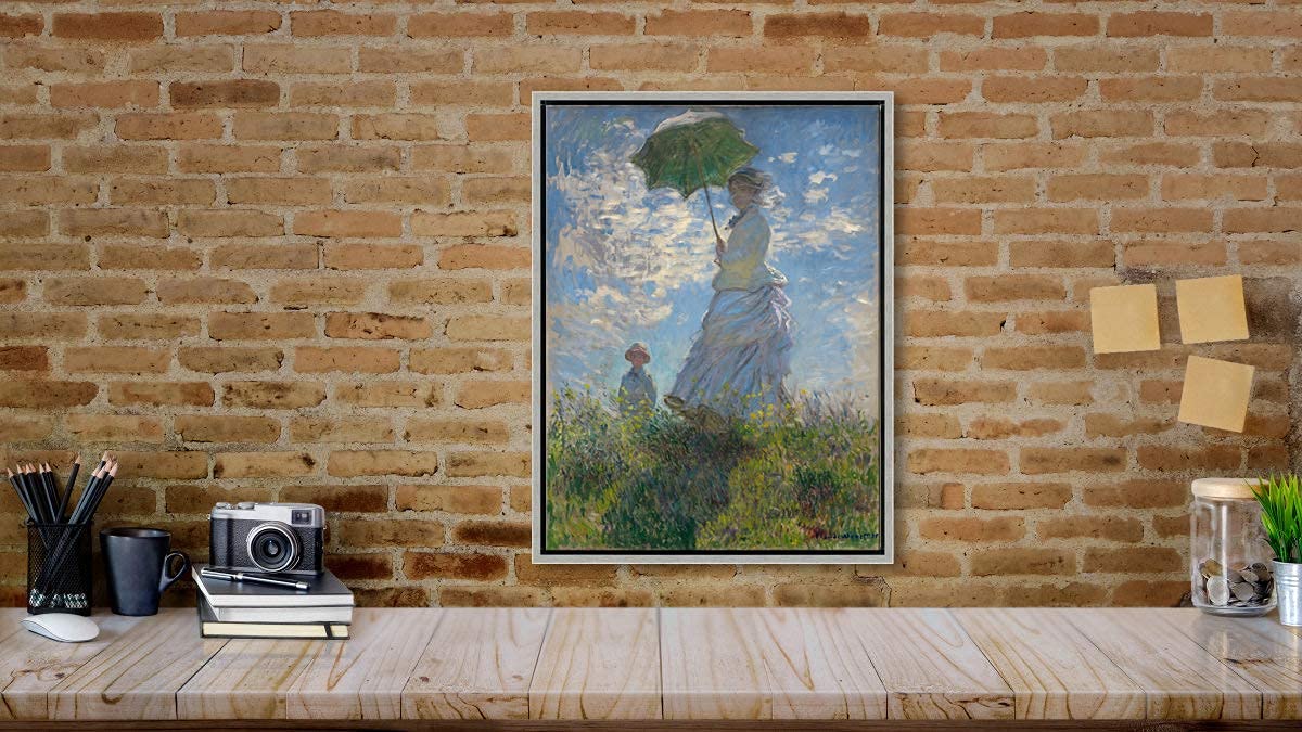 Wieco Art Framed Wall Art Woman With A Parasol Madame Monet And Her Son Of Claude Monet Famous Classic Oil Paintings Canvas Prin
