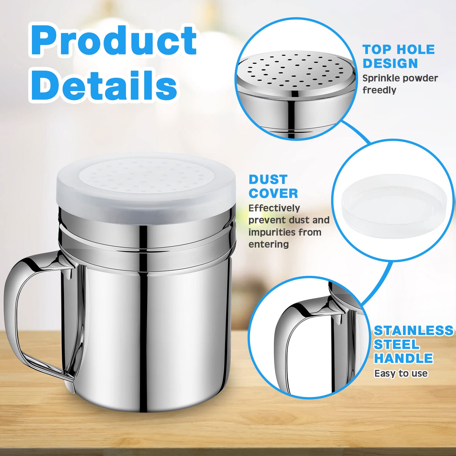 6 Pcs 10Oz Stainless Steel Salt And Pepper Shakers With Lid And Handle Dredge Spice Shaker Seasoning Sugar Shaker Condiment Popc