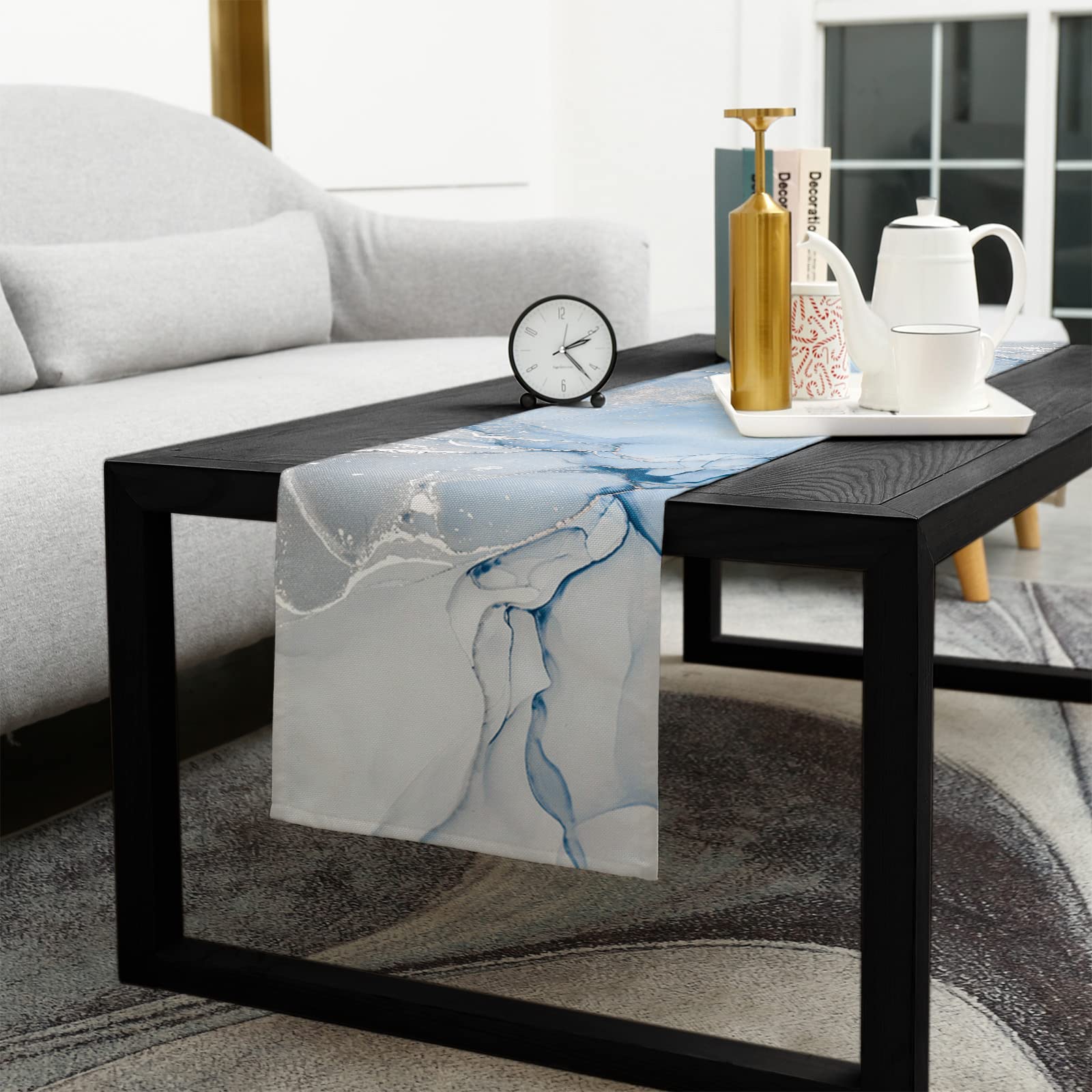 Zoe Garden Marble Table Runner 72 Inches Long - Ombre Blue Marble Grey Farmhouse Modern Kitchen Dining Burlap & Cotton Tablerunn