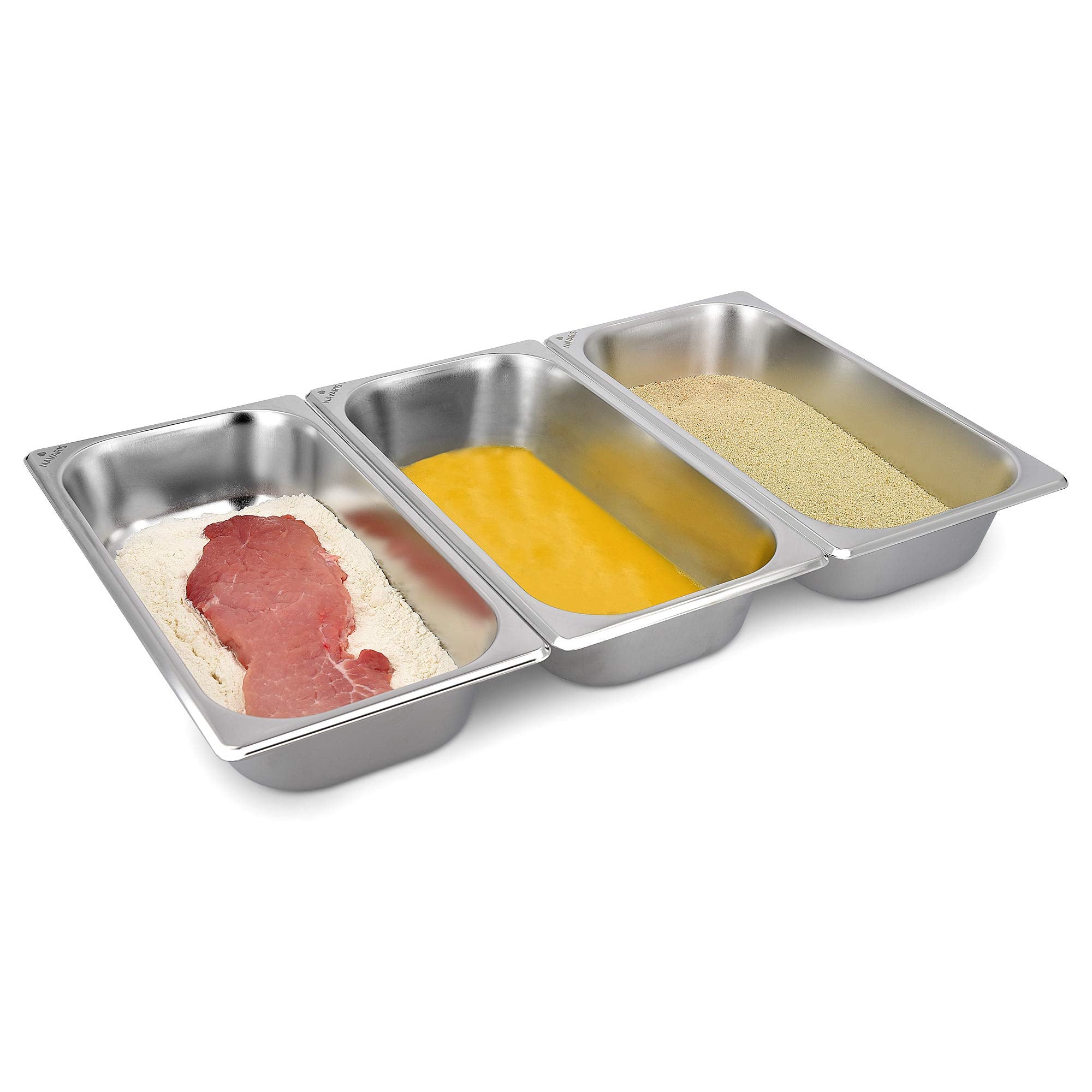 Navaris Breading Trays Set - 3 Medium Stainless Steel Pans For Preparing Bread-Crumb Dishes, Panko, Schnitzel, Coating Fish And