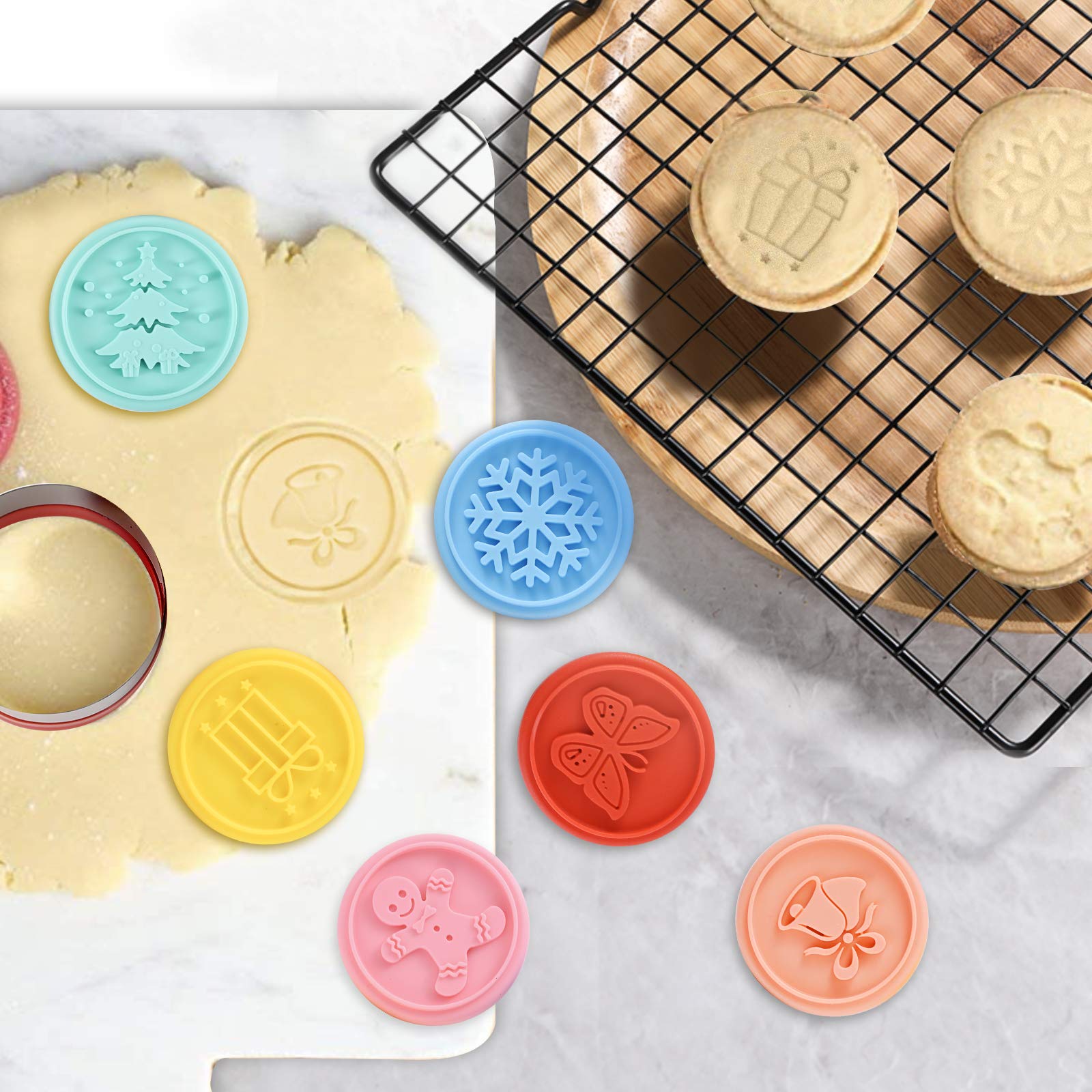 Cookie Stamp-A Set Of 6 Colorful Silicone Cookie Stamp Press, Ring Cutter And Handle For Christmas And Daily Baking