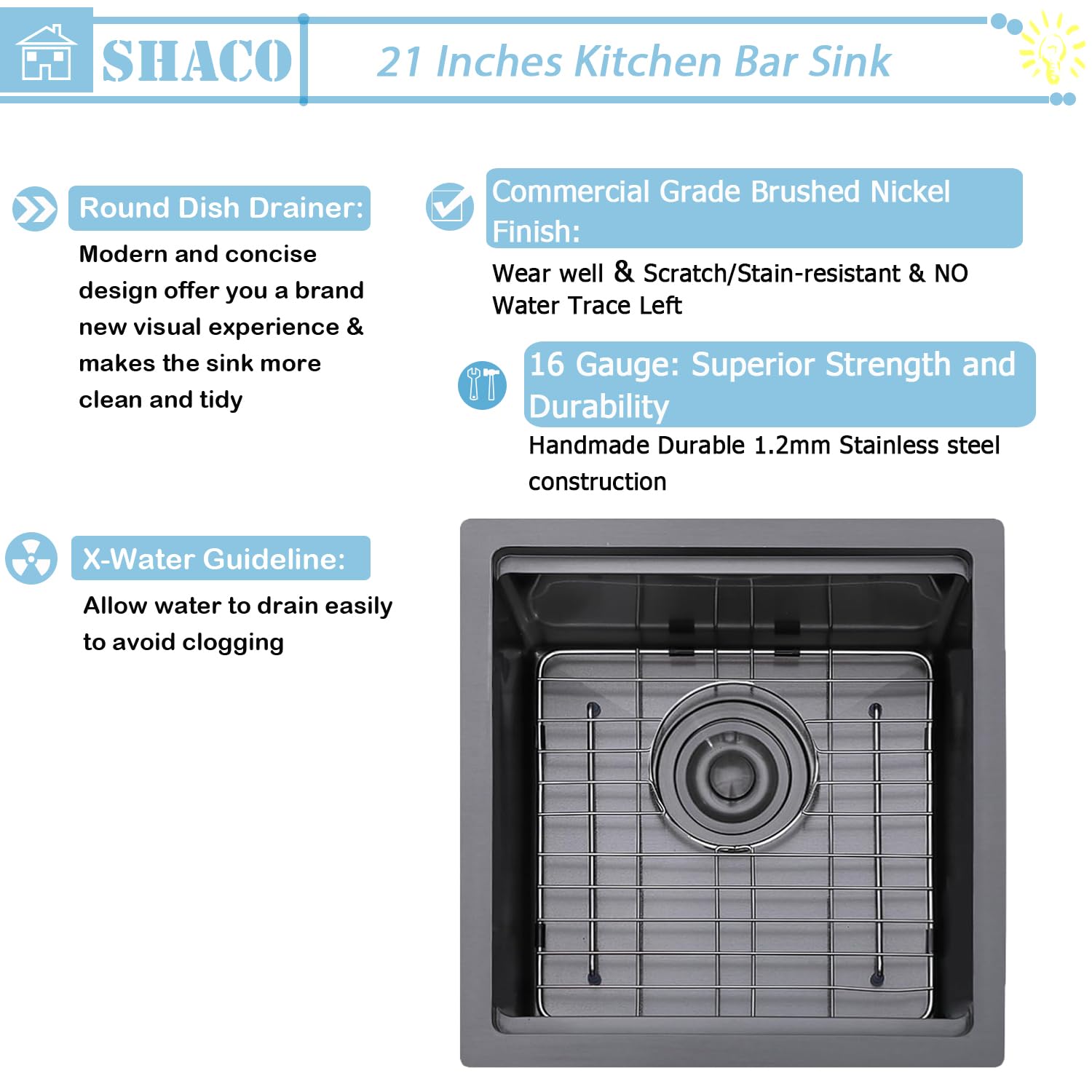 Shaco 21X20 Inch Black Kitchen Sink, 21 Inch Gunmetal Black Undermount Single Bowl Bar Sink, Handmade Stainless Steel 16 Gauge W