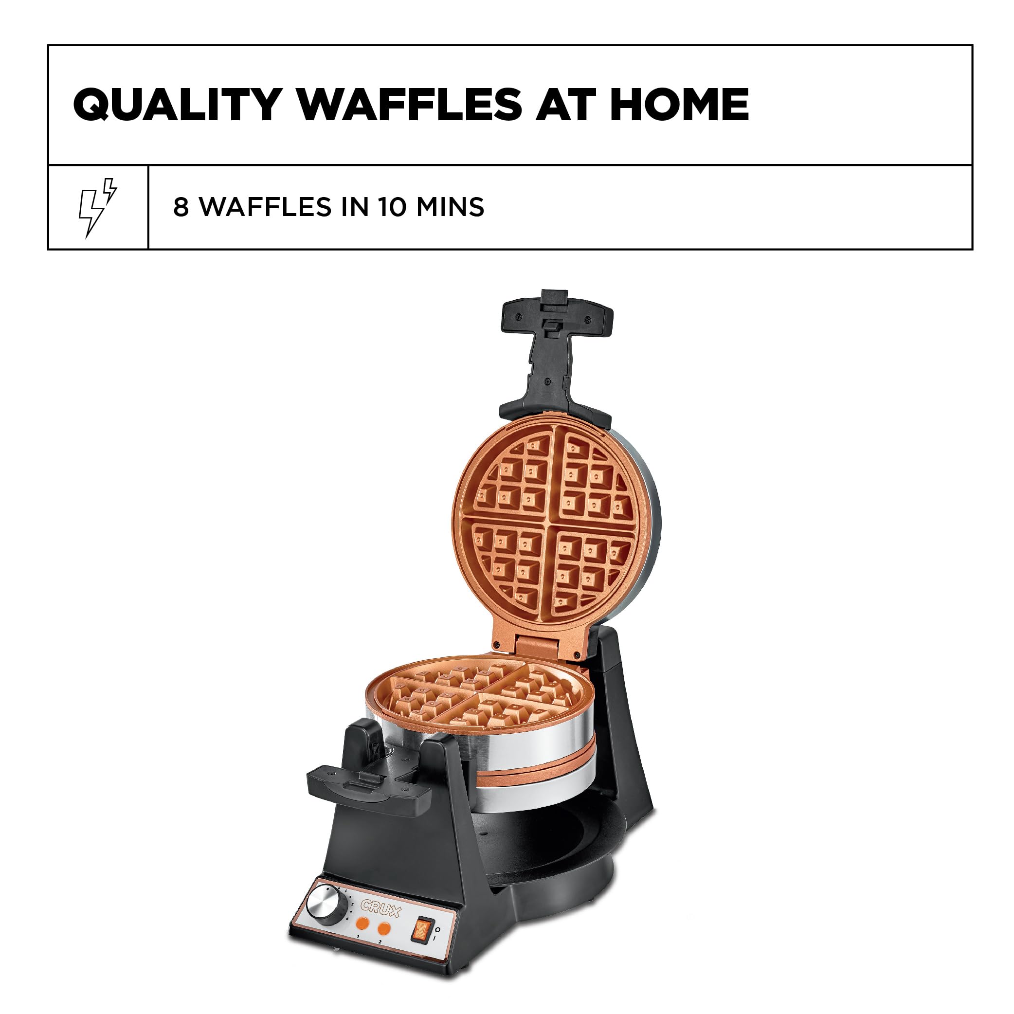 Crux Double Rotating Belgian Waffle Maker, Keto Chaffles Iron With Nonstick Pfoa Free Copper Plates For Easy Food Release, Brown
