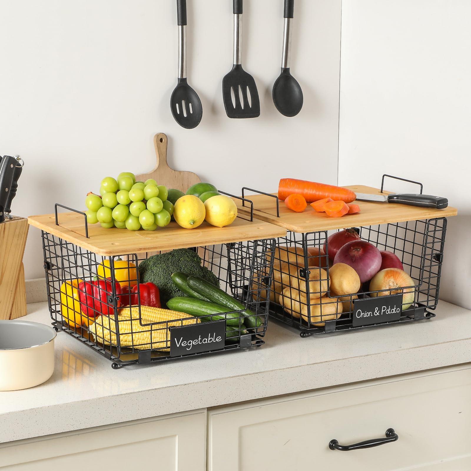 2 Set Stackable Wire Basket With Bamboo Top - Kitchen Counter, Pantry Organizer And Storage - Produce Onion Potato Fruits Vegs B