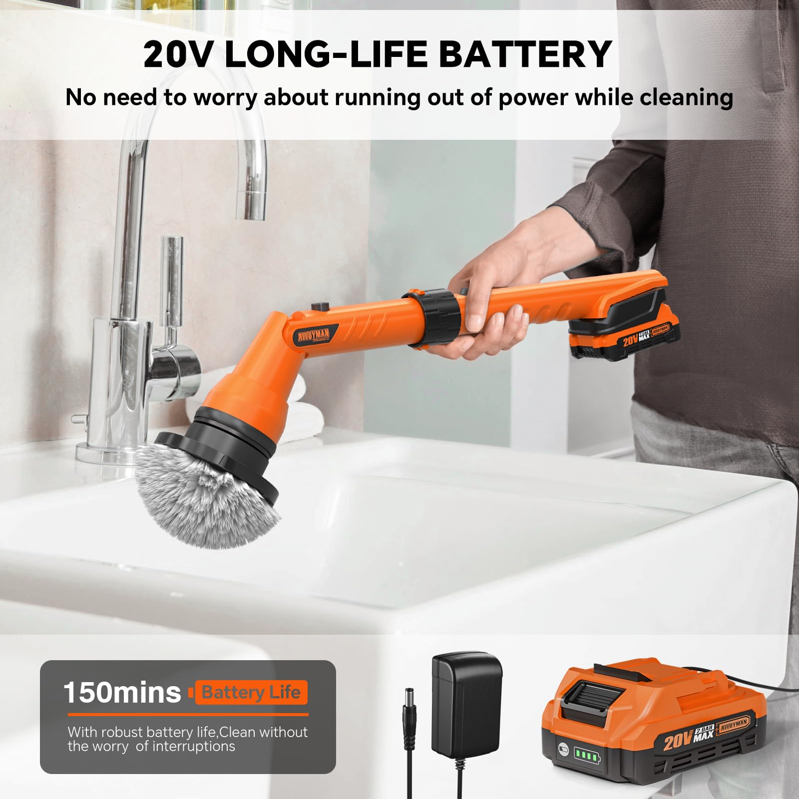 1000RPM Electric Spin Scrubber  20V Cordless Cleaning Brush with Adjustable Extension Arm  4 Replaceable Cleaning Heads  Hook and Gloves  1 Hour Fast Charge  Waterproof - for Bathroom/Tub/Tile/Floor